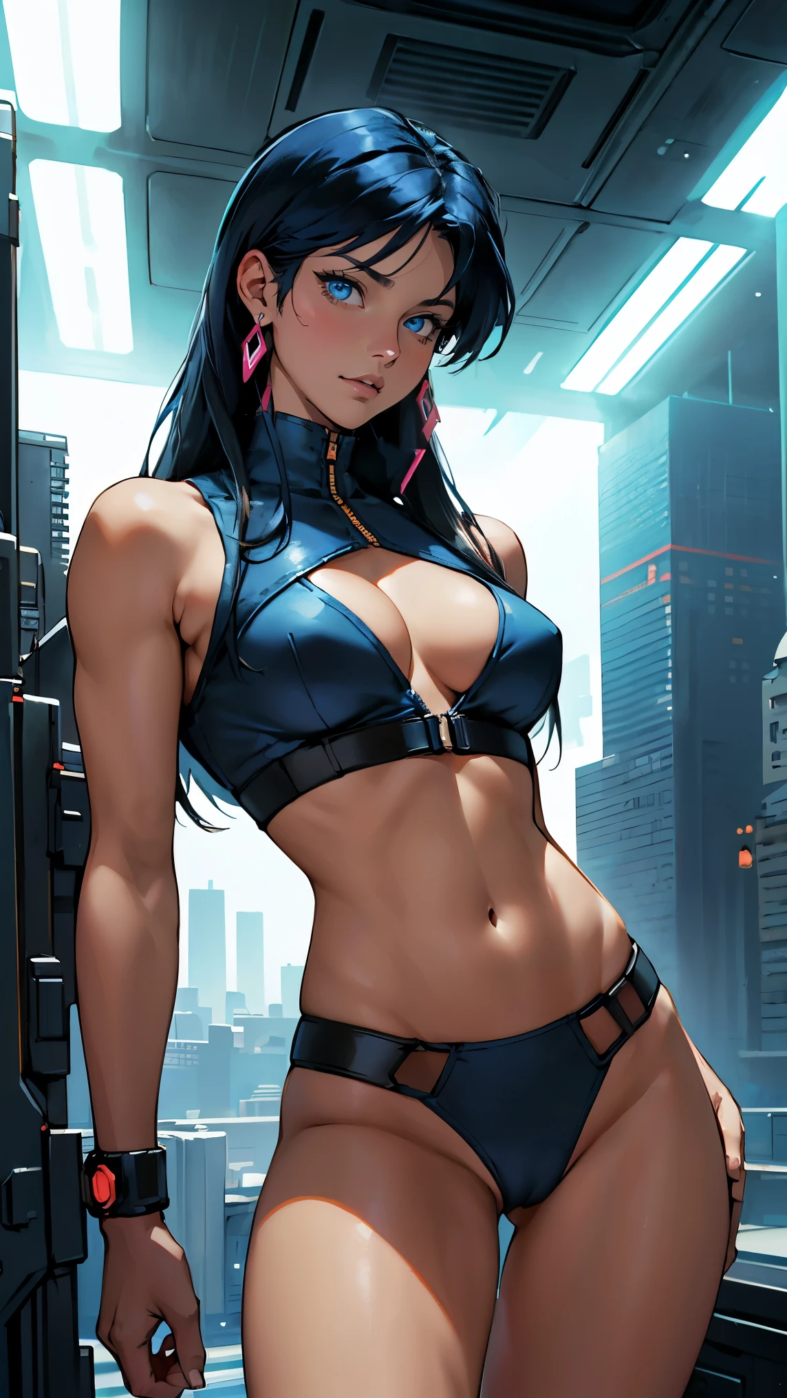 Yuri from The Dirty Pair, , wearing a tight outfit, skimpy, medium breast, (long hair), dark blue hair, beauty, cyberpunk city background, holding retro space-gun, cleavage, slim waist, slim thighs, thigh gap, (light yellow uniform), show belly