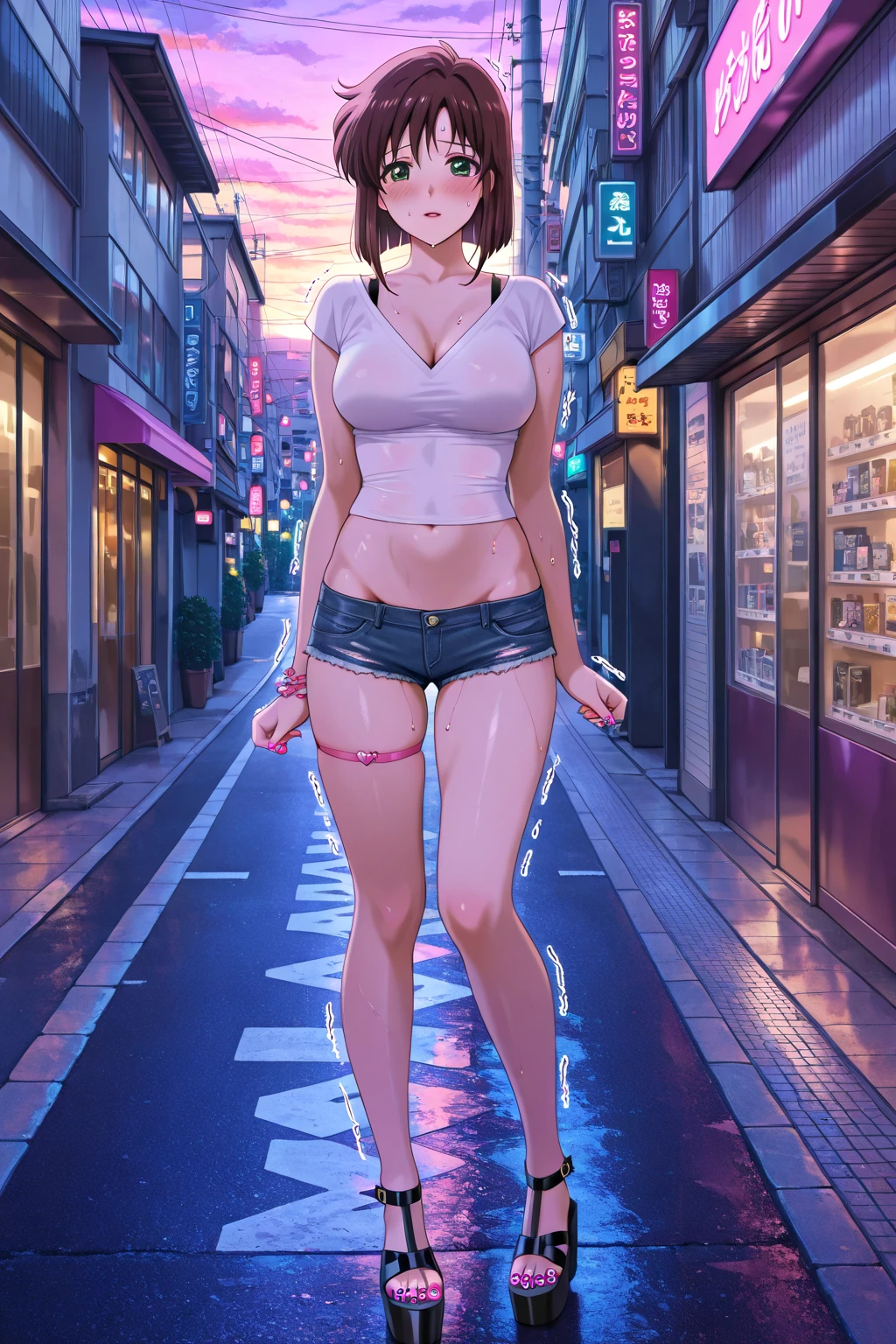 tmasterpiece, best qualtiy, NSFW, 1girll, platinum blond hair, short detailed hair, Green eyes, pigtails, Small lively breasts, Have on the street, the night, neonlight, White silk bra, Thong panties, Poker face, up front view, standing on your feet, in crowd,