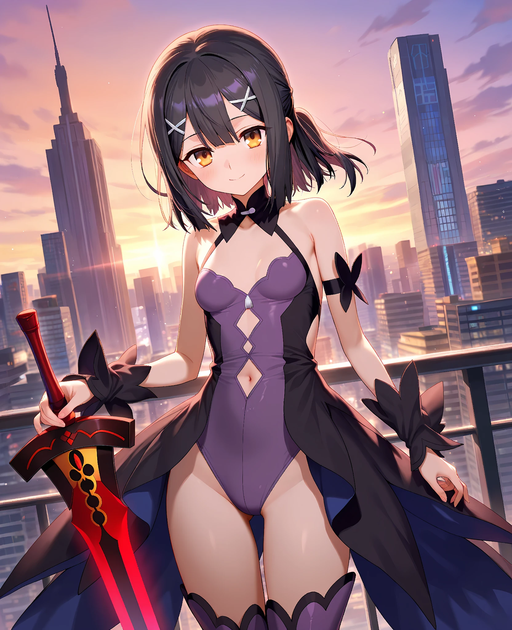 1girl, solo, standing, shuten douji,mizukioutfit, shiny clothes, highleg leotard, black leotard, elbow gloves, fingerless gloves, frills, fishnets, red showgirl skirt, pink ribbon, fur trim, skin tight, impossible leotard, black thighhighs, thighhighs, bare shoulders, covered nave,smirk, standing, outdoors, night, village, stairs, contrapposto,cowboy shot