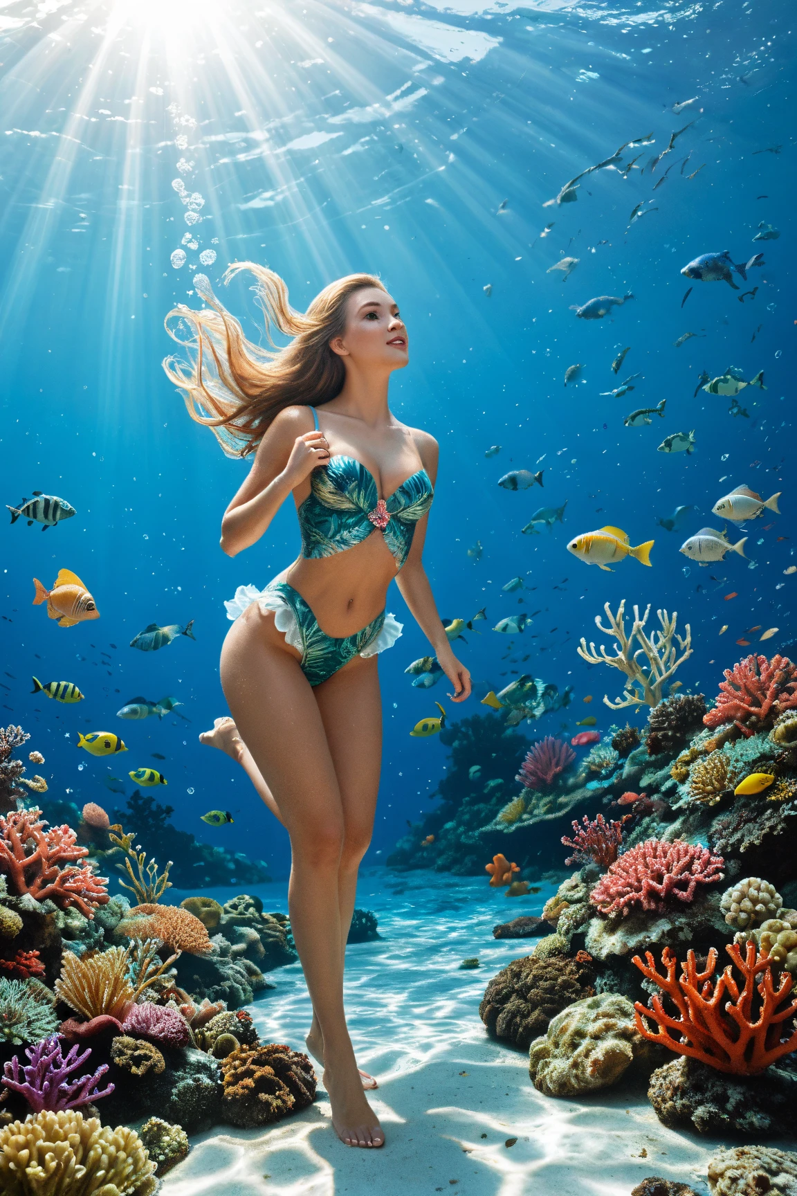A watercolor depiction of a beautiful 24-year-old Indian woman, with long, flowing hair, gracefully swimming amidst a vibrant coral reef off the coast of Grand Island, Goa. Sunlight filters through the clear water, illuminating colorful fish and other marine life. Her toned legs propel her through the water, and a loose, brightly colored short top floats above her. Capture the wonder and excitement of exploring the underwater world.