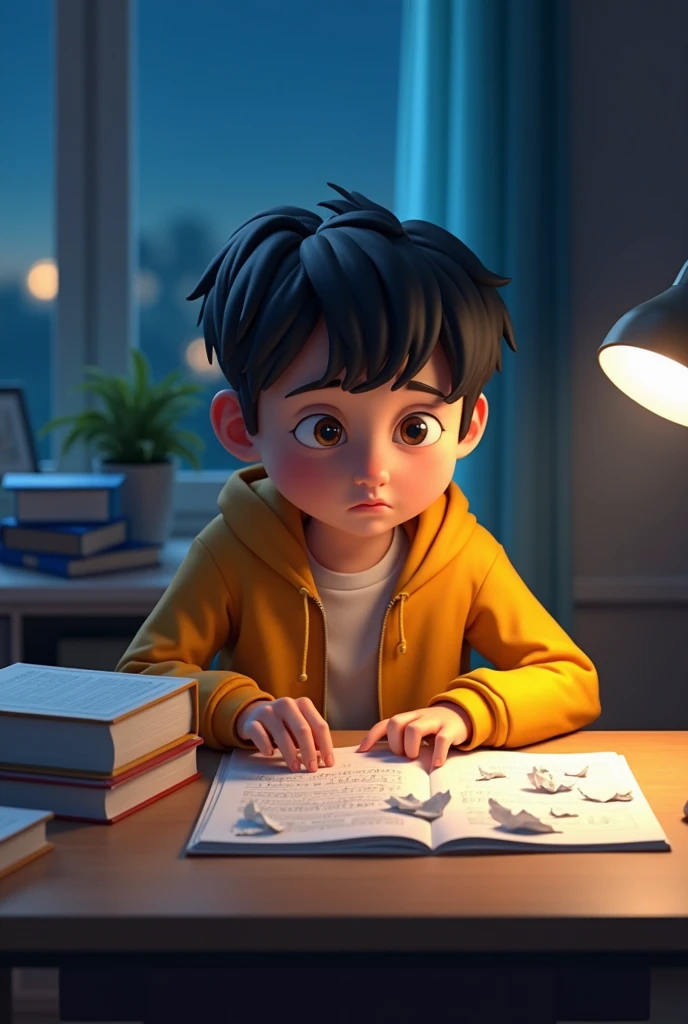 Child with doubts sitting in front of a table with a study notebook, in 3d