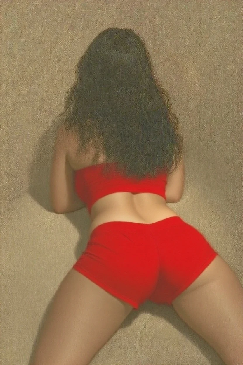 (masterpiece:1.2, 8К resolution, RAW photo, Best quality, Hyper-detailed, Ultra-realistic), close up big round sexy female ass in miniature white , athletic muscular legs, tattoo on lower back, tan lines from panties, red silk bed linen
