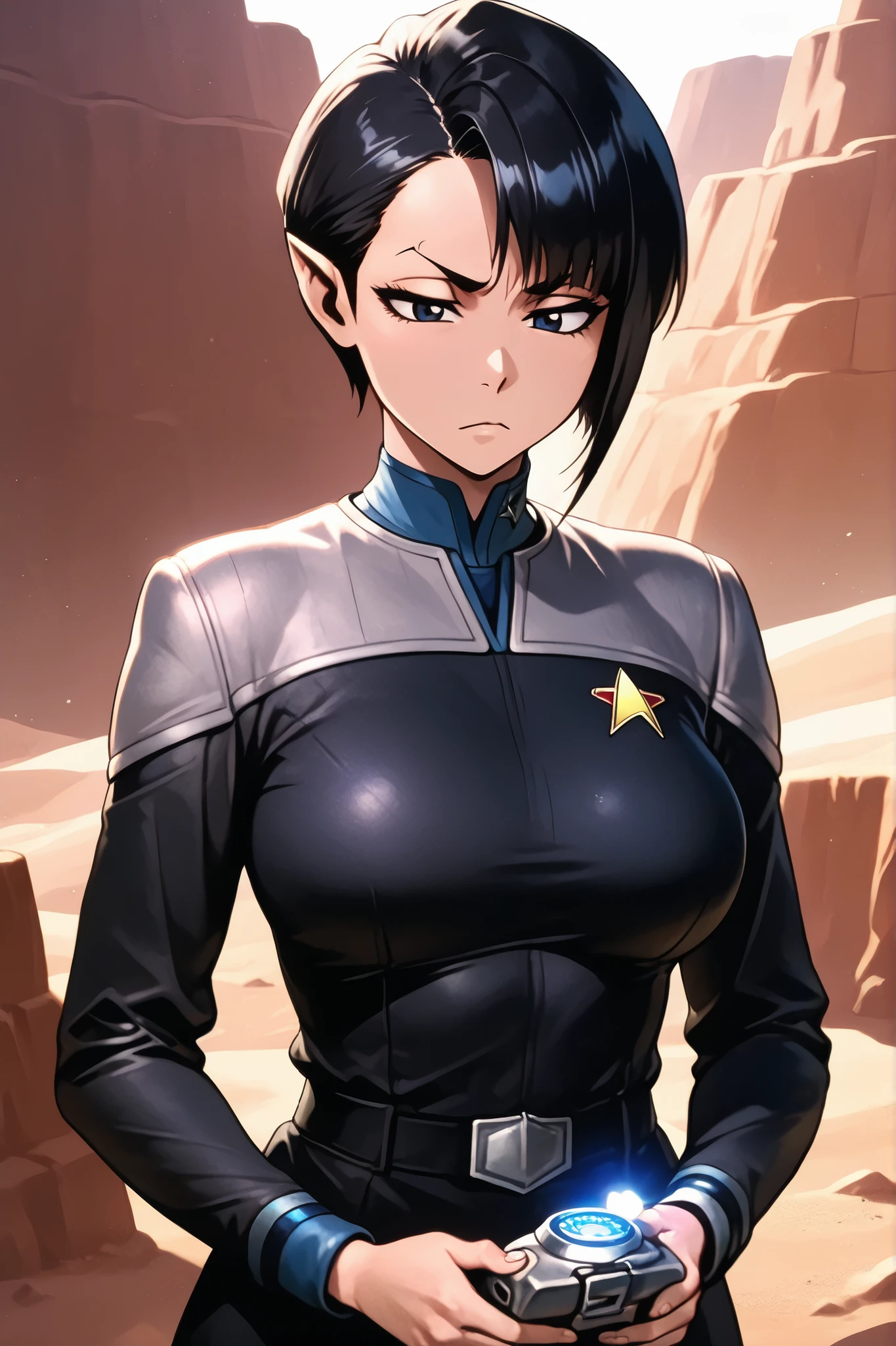 Masterpiece, highly detailed, beautiful woman, character, Star Trek (Vulcan female),_large_breasts_, short_eyebrows, slanted eyebrows, thin eyebrows, tsurime eyes, neutral expression, black hair, short hair,asymmetrical hair style, pointed_ears, olive_complextion, ds9st,black and grey star trek uniform,grey shoulders, blue neck,blue strip at wrist,black jumpsuit,long black sleeves,black skirt, holding a tricorder, desert mesa, Bleach art style