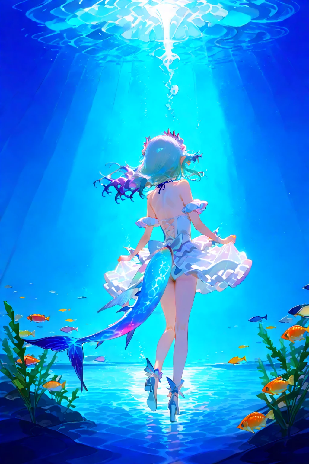 seabed、School of fish、coral、mermaid、Fisheye Lens、beautiful girl、prism、profile