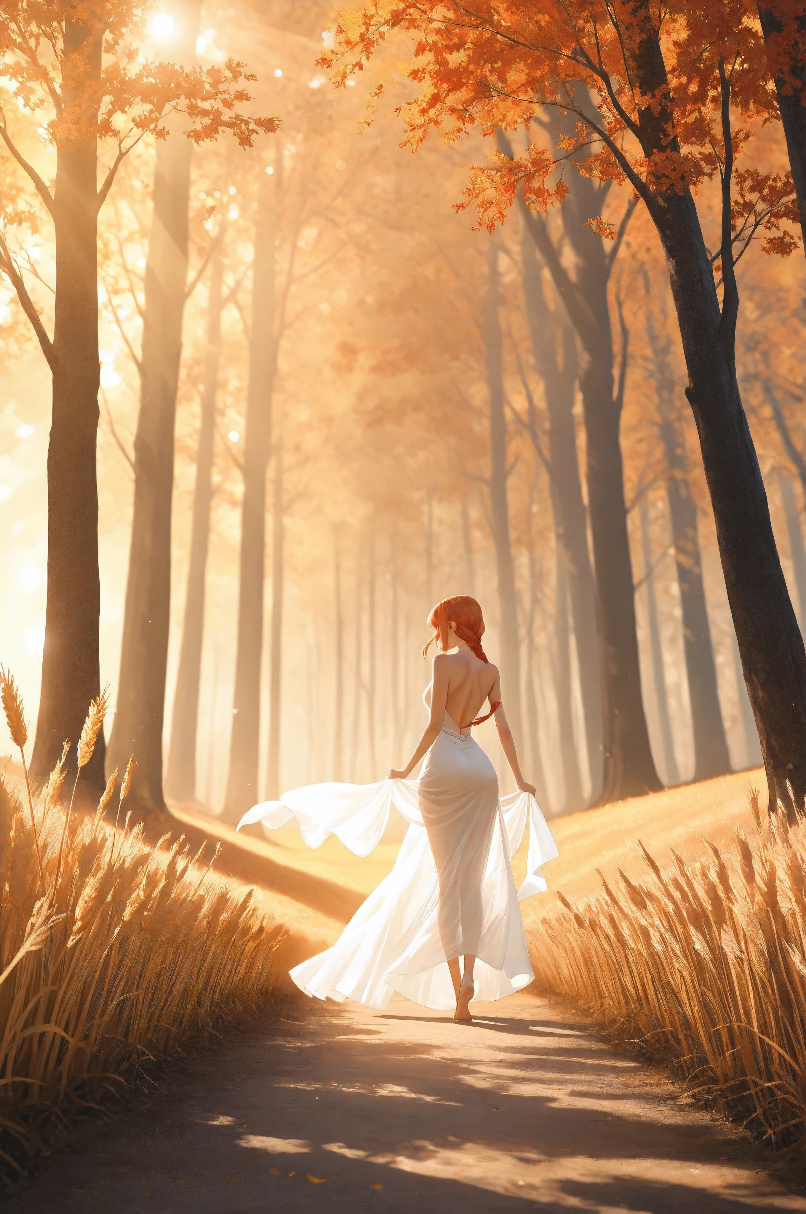 masterpiece, best quality, ultra-detailed, award-winning photorealistic landscape photography. A vast blood-red wheat field reaching knee-height, with oak and maple trees in the background, autumn leaves scattered, and a misty forest behind. Golden hour sunlight streaming through the trees, creating dramatic composition, long shadows, rim lighting on trunks, lens flare, natural bokeh, atmospheric perspective, and volumetric lighting.
In the distance, Makima’s graceful silhouette stands mysteriously and longingly. She wears an elegant, ethereal white silk dress — slightly see-through, flowing in the breeze, catching golden sunlight. Her divine beauty radiates femininity: porcelain skin glowing, beautiful curves with a thin, fit waist, all natural looking, perfect hourglass figure. Gentle, pure, yet irresistibly tempting.
Her iconic ginger hair is styled in a long, thick, tightly woven braid down her back, glossy and smooth with individual strands visible, swaying gently. Center-parted with soft face-framing strands. Her back is turned three-quarters towards the viewer, slightly facing away so her face is not visible.
Her pose is delicate and enticing: one leg slightly bent at the knee as if she’s about to take a graceful step forward, hips subtly tilted, arms relaxed at her sides with fingers grazing the silk fabric, creating a sense of longing and vulnerability. The white dress clings lightly to her natural curves while flowing at the hem, glowing with sunset light.
The composition highlights the sun glistening off her porcelain skin, rays of light shining directly upon her, mist catching sunbeams around her, and fabric glowing ethereally. Dynamic, cinematic atmosphere, 8k RAW photography, ultra-detailed, sharp focus.