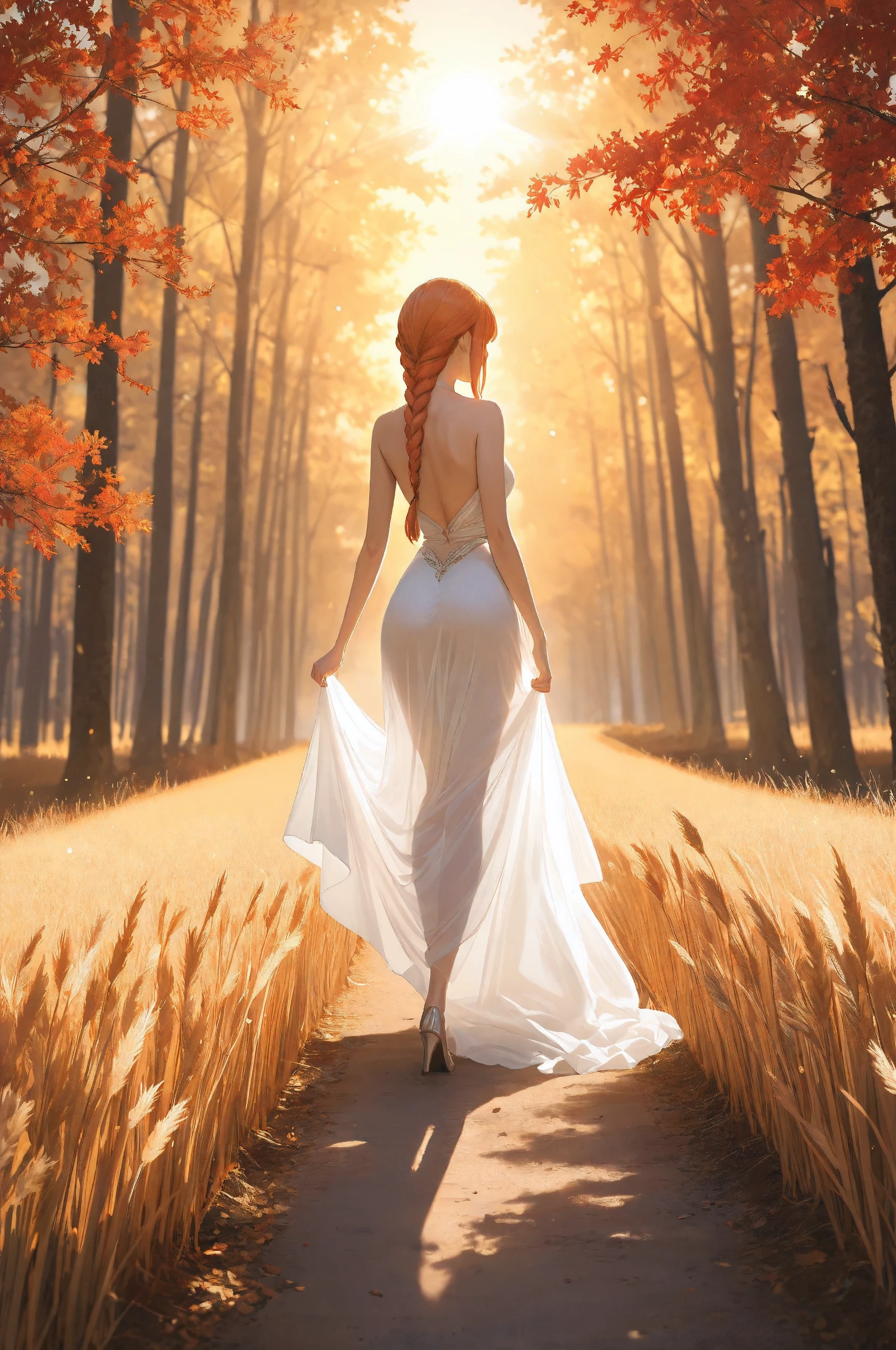masterpiece, best quality, ultra-detailed, award-winning photorealistic landscape photography. A vast blood-red wheat field reaching knee-height, with oak and maple trees in the background, autumn leaves scattered, and a misty forest behind. Golden hour sunlight streaming through the trees, creating dramatic composition, long shadows, rim lighting on trunks, lens flare, natural bokeh, atmospheric perspective, and volumetric lighting.
In the distance, Makima’s graceful silhouette stands mysteriously and longingly. She wears an elegant, ethereal white silk dress — slightly see-through, flowing in the breeze, catching golden sunlight. Her divine beauty radiates femininity: porcelain skin glowing, beautiful curves with a thin, fit waist, all natural looking, perfect hourglass figure. Gentle, pure, yet irresistibly tempting.
Her iconic ginger hair is styled in a long, thick, tightly woven braid down her back, glossy and smooth with individual strands visible, swaying gently. Center-parted with soft face-framing strands. Her back is turned three-quarters towards the viewer, slightly facing away so her face is not visible.
Her pose is delicate and enticing: one leg slightly bent at the knee as if she’s about to take a graceful step forward, hips subtly tilted, arms relaxed at her sides with fingers grazing the silk fabric, creating a sense of longing and vulnerability. The white dress clings lightly to her natural curves while flowing at the hem, glowing with sunset light.
The composition highlights the sun glistening off her porcelain skin, rays of light shining directly upon her, mist catching sunbeams around her, and fabric glowing ethereally. Dynamic, cinematic atmosphere, 8k RAW photography, ultra-detailed, sharp focus.
