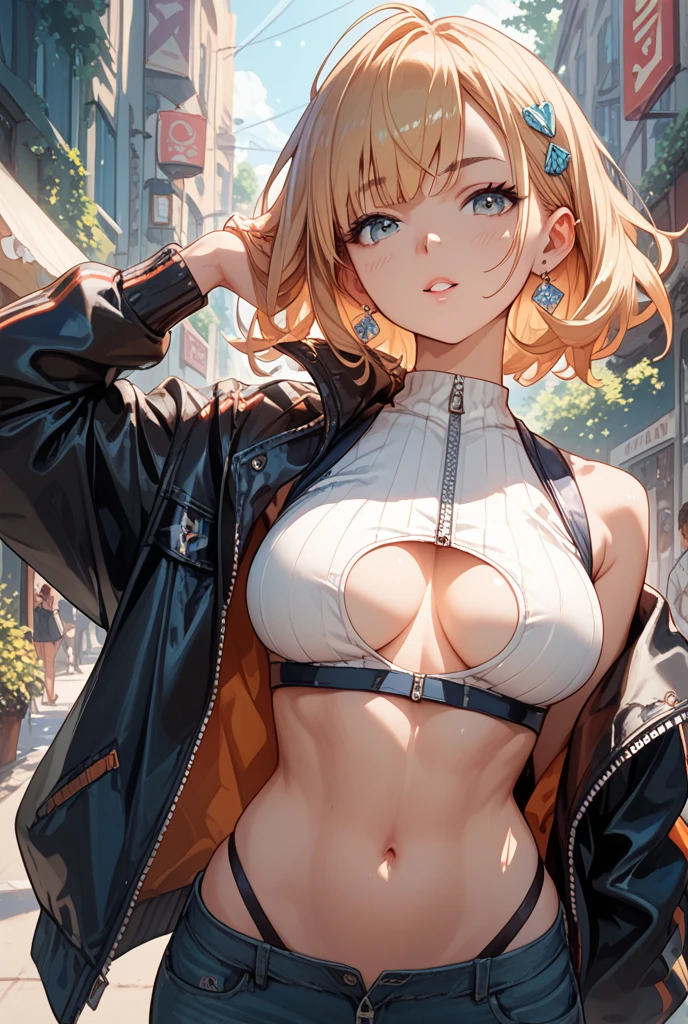 (1girl,beautiful detailed eyes,beautiful detailed lips,extremely detailed face,blonde hair,short hair,street,cityscape,glorious,cute,busty,best quality,4k,8k,highres,masterpiece:1.2,ultra-detailed,realistic,photorealistic,photo-realistic:1.37,pixiv)