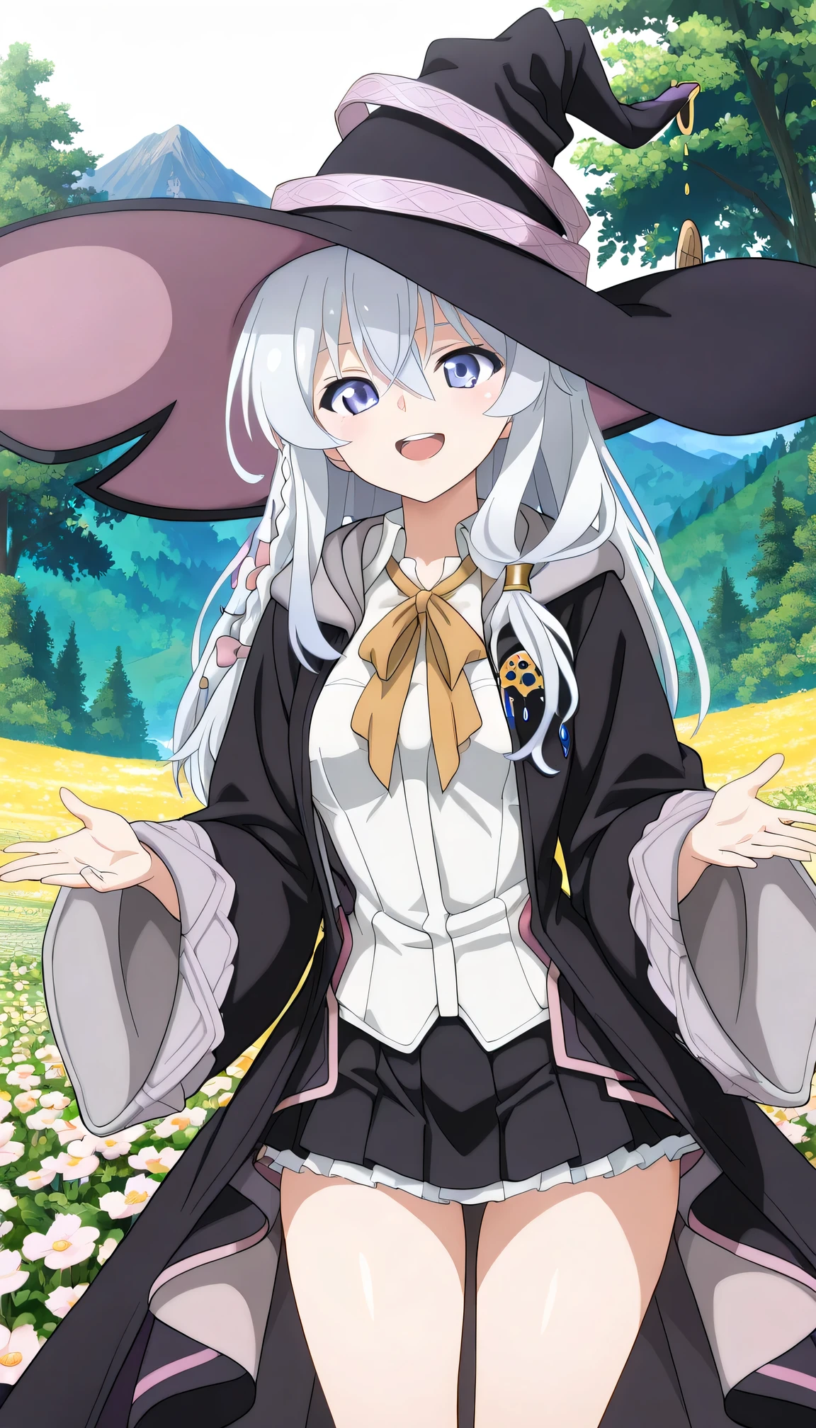 {{{masterpiece}}}, (best quality:1.5), (ultra-detailed:1.5), {illustration}, {{an extremely delicate and beautiful}}, (beautiful detailed eyes:1.6), absurdres, highres, extremely detailed face, 16k, hd, visual anime de uma jovem mulher, extremamente bonito rosto de anime, anime melhor garota, (perfect hands, perfect anatomy), (five fingers:1.1), anime face, elaina (majo no tabitabi), witch, 1girl, solo, cute face, long hair, white hair, ahoge, hair between eyes, sidelocks, pink bow, single braid, ribbon on braid, yellow hair clip, blue eyes, medium breasts, big hips, curvaceous, BREAK, witch hat, black headwear, white shirt, long shirt, (shirt tuck out:1.3), collared shirt, (wizard robe:1.3), (long robe:1.2), black robe, hooded robe, open robe, long sleeves, wide sleeves, yellow ribbon tie, brooch, black skirt, pleated skirt, (mini skirt:1.5), (white petticoat:1.2), bare legs, black footwear, witch shoes, BREAK, smiling, looking at viewer, open mouth, flushed cheeks, flash effect, outdoor, mountain, daytime, forest, flower garden, field, sunshine, peer in from below