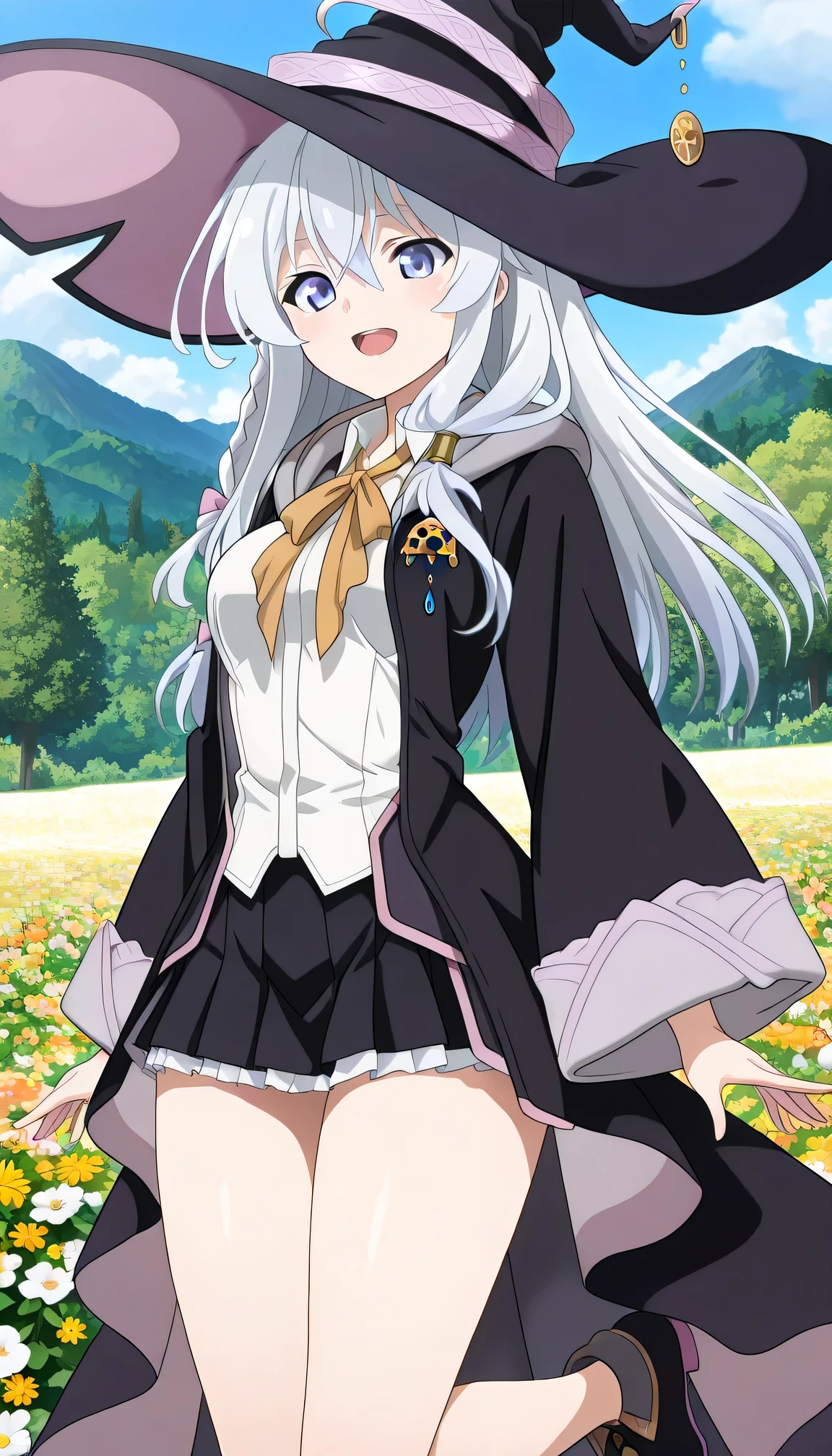 {{{masterpiece}}}, (best quality:1.5), (ultra-detailed:1.5), {illustration}, {{an extremely delicate and beautiful}}, (beautiful detailed eyes:1.6), absurdres, highres, extremely detailed face, 16k, hd, visual anime de uma jovem mulher, extremamente bonito rosto de anime, anime melhor garota, (perfect hands, perfect anatomy), (five fingers:1.1), anime face, elaina (majo no tabitabi), witch, 1girl, solo, cute face, long hair, white hair, ahoge, hair between eyes, sidelocks, pink bow, single braid, ribbon on braid, yellow hair clip, blue eyes, medium breasts, big hips, curvaceous, BREAK, witch hat, black headwear, white shirt, long shirt, (shirt tuck out:1.3), collared shirt, (wizard robe:1.3), (long robe:1.2), black robe, hooded robe, open robe, long sleeves, wide sleeves, yellow ribbon tie, brooch, black skirt, pleated skirt, (mini skirt:1.5), (white petticoat:1.2), bare legs, black footwear, witch shoes, BREAK, smiling, looking at viewer, open mouth, flushed cheeks, flash effect, outdoor, mountain, daytime, forest, flower garden, field, sunshine, peer in from below