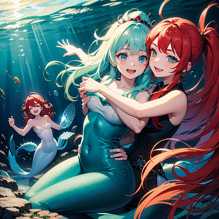 Dive into an underwater holiday realm where vibrant fractal corals host a dance of mermaid elves and schools of fish carrying 3D Christmas ornaments, enormous tits