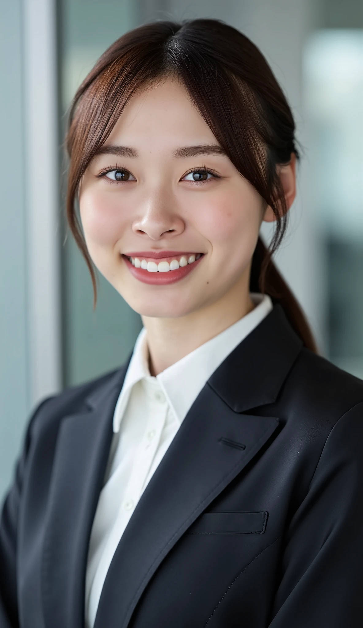 Neat Young Woman、looking at the camera、office lady suit、jacket、shirt、 pale brown hair、前髪あり、、smile showing teeth、顔のクローズアップ、The background is office