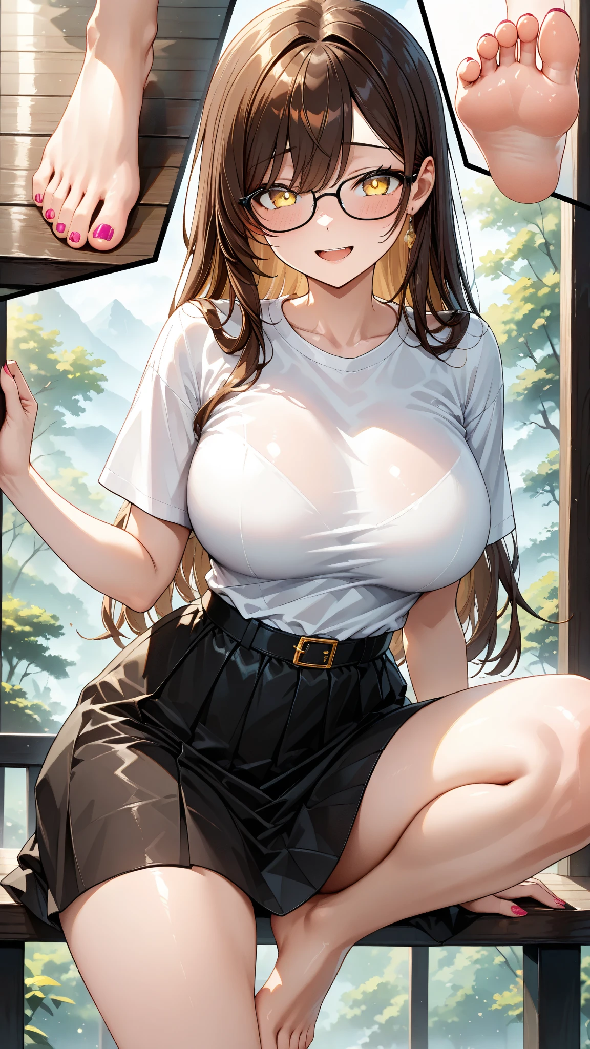((table top, highest quality, High resolution, perfect pixel, 4k))), 1 girl, single, alone, Beautiful woman、I could see the whole body、 ((Wavy mid-hair, bangs, brown hair)), ((brown eyes, beautiful eyelashes, realistic eyes)), ((detailed face, blush:1.2)), ((smooth texture:0.75, realistic texture:0.65, realistic:1.1, Anime CG style)), big breasts, dynamic angle, perfect body, ((sheer white shirt, transparent nipples, sheer white miniskirt)), city stairs、Angle looking up from the bottom of the stairs、Very embarrassing panic smile, Are standing、huge breasts、legs open、(stand on one leg:1.3), (The wind blew my skirt up and exposed my crotch...、Touch your crotch with both hands、thong panties)