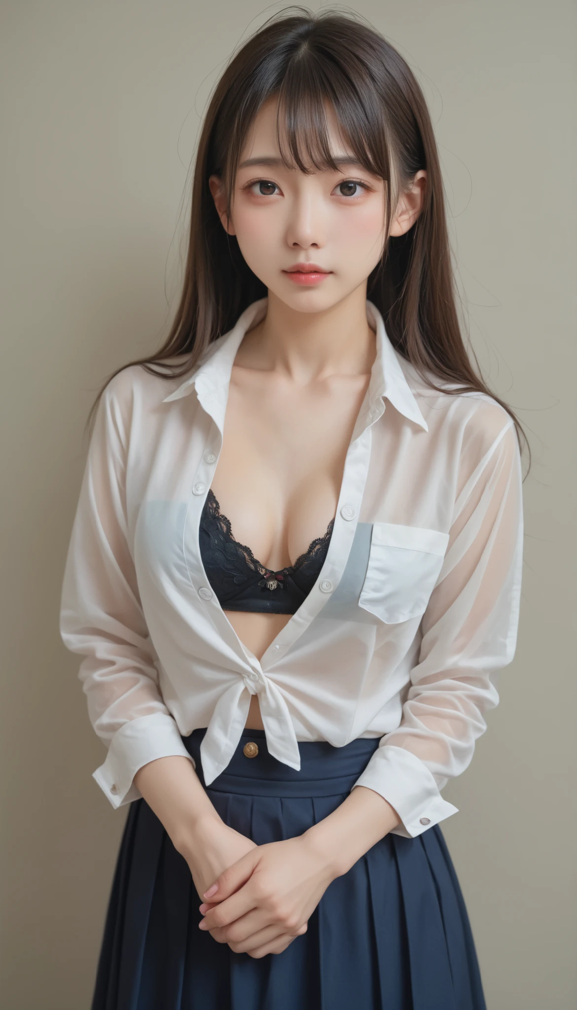 ((Realistic lighting、top-quality、8K、​masterpiece:1.3))、Clear focus:1.2、girl with、perfectbodybeauty:1.4、Slim abs:1.1、((dark brown hair、Big:1.3))、(Acceleration:1.4)、Street、tall:1.3、(Slender face、Narrow-eyes:1.2)、BREAK、二重まぶた、Swaying hair、Exposed cleavage、((White button-up long shirt:1.1)、Black Office Suit、a miniskirt)、no-bra、a necklace、Navel Ejection、Expression of melancholy、Looking at the camera、