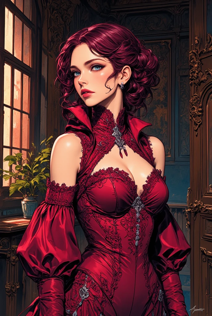naughty, red hair, eyes yellow, mid hair, cry, ssadness, darkness, dress victorian