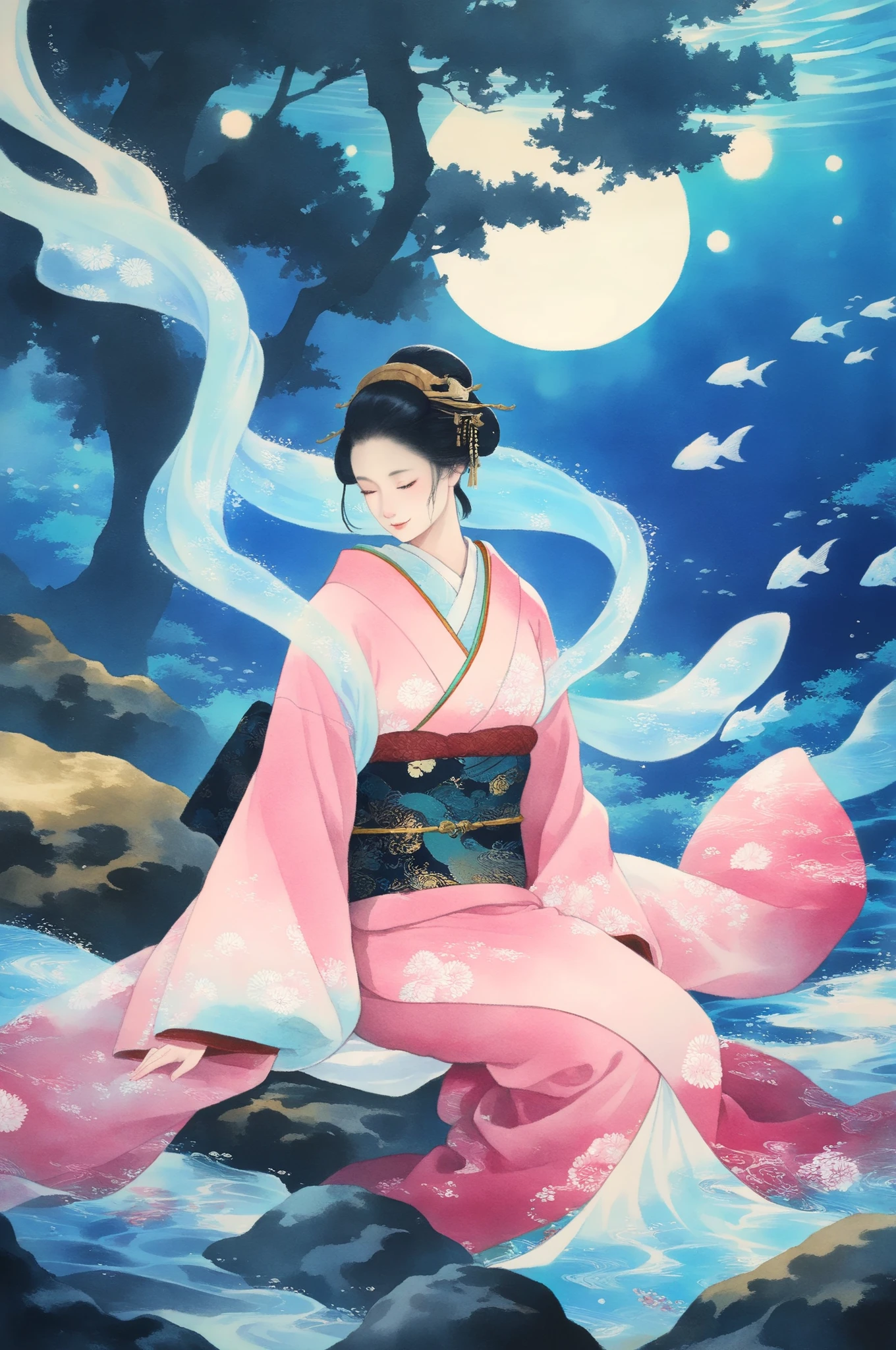 J_paint, Japanese painting, Japanese stories,A Banquet at the Bottom of the Sea,Otohime ,A woman wearing a pink kimono, Smile, The Magic of Hagoromo, Traditional Japanese Gardens,Undersea Moonlight,fantasticな水中の世界,Otohime の優雅なポーズ,The Graceful Flow of Hagoromo,Delicate embroidery of kimono,delicate texture,deep blue and gold tones,High Quality,Masterpiece,ultra detailed,aquarium,fantasy,fantastic,In the sea,natural background,soft lighting,Traditional Japanese Paintings,watercolor,4K resolution,super definition,Realistic,Faded colors,bokeh,