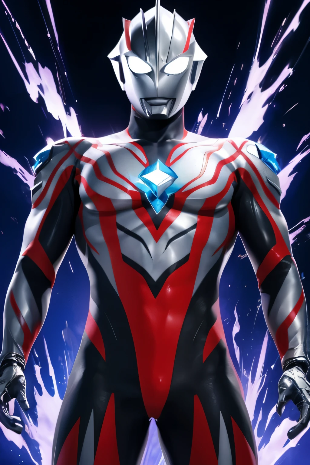 Ultraman, futuristic Ultraman warrior, sleek cybernetic armor design, crystalline core in chest, metallic silver, red and neon blue color scheme, a pattern (red, blue and black) on the suit, dynamic pose, muscular humanoid form (Slim athletic build), glowing energy patterns, ultra modern sci-fi aesthetic, dramatic lighting, intricate panel details, 4k digital art, high detail rendering