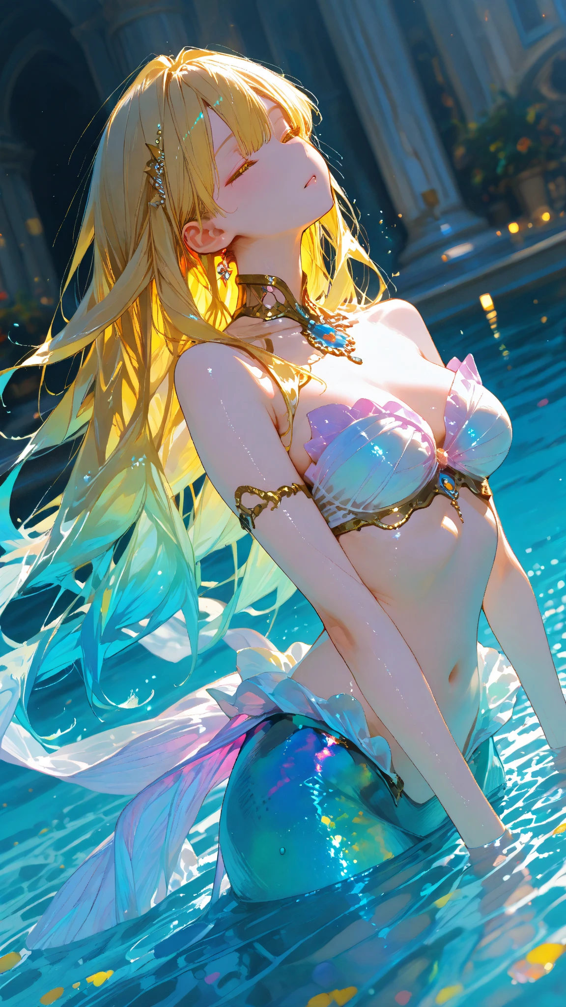 I am wearing a very beautiful brightly colored dress...、Hair is shiny、a very beautiful woman、eyes double big and cute、Bust is D cup、High image quality, High quality、Detailed background、Glittering background、The inside of the eye shines like a diamond、4 fingers, 1 thumb、High image quality、Detailed female face、Smile、Very beautiful and cute woman、Gold Hair Jewelry、a blond、Background is Hawaiian poolside、Sitting by the pool、White see-through clothes、No exposure、The pupil is orange like a diamond、Playing with dolphins、Beautiful splash background