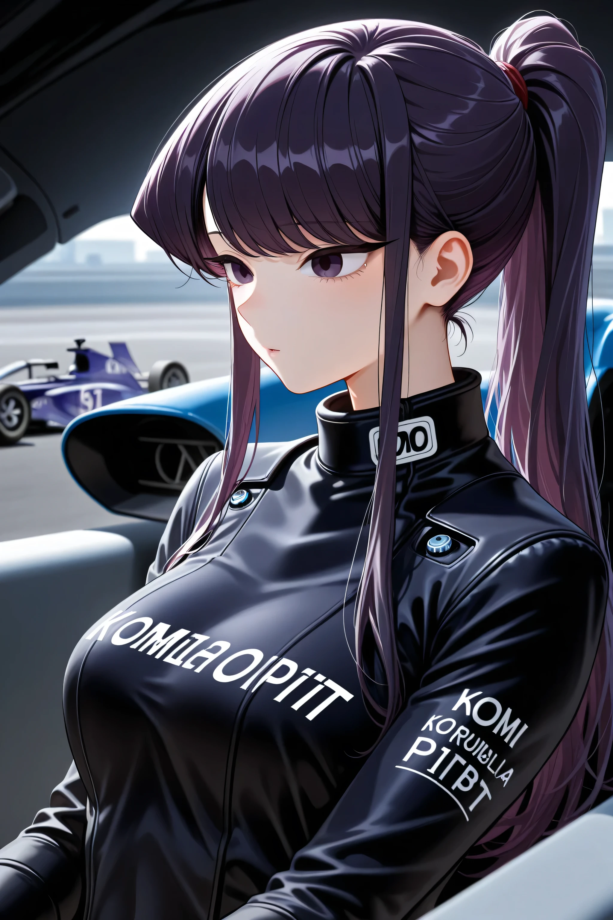 {best quality}, {very aesthetic}, {ultra-detailed}, {best illustration},Komi Shouko, long hair, purple hair, purple eyes, ponytail,Formula-1 pit bebe Uniform,