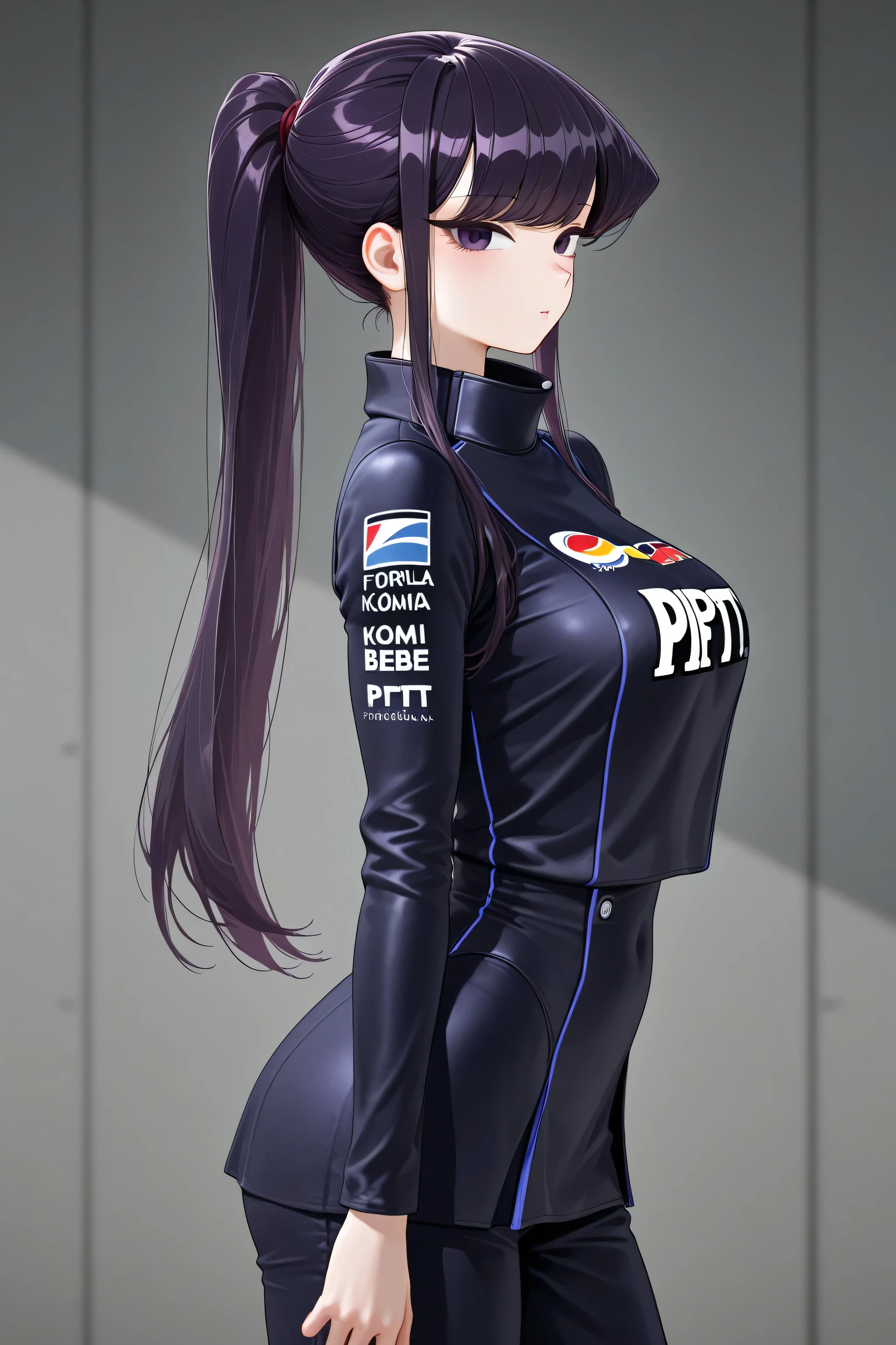 best quality}, {very aesthetic}, {ultra-detailed}, {best illustration},Komi Shouko, long hair, purple hair, purple eyes, ponytail,Formula-1 pit bebe Uniform,