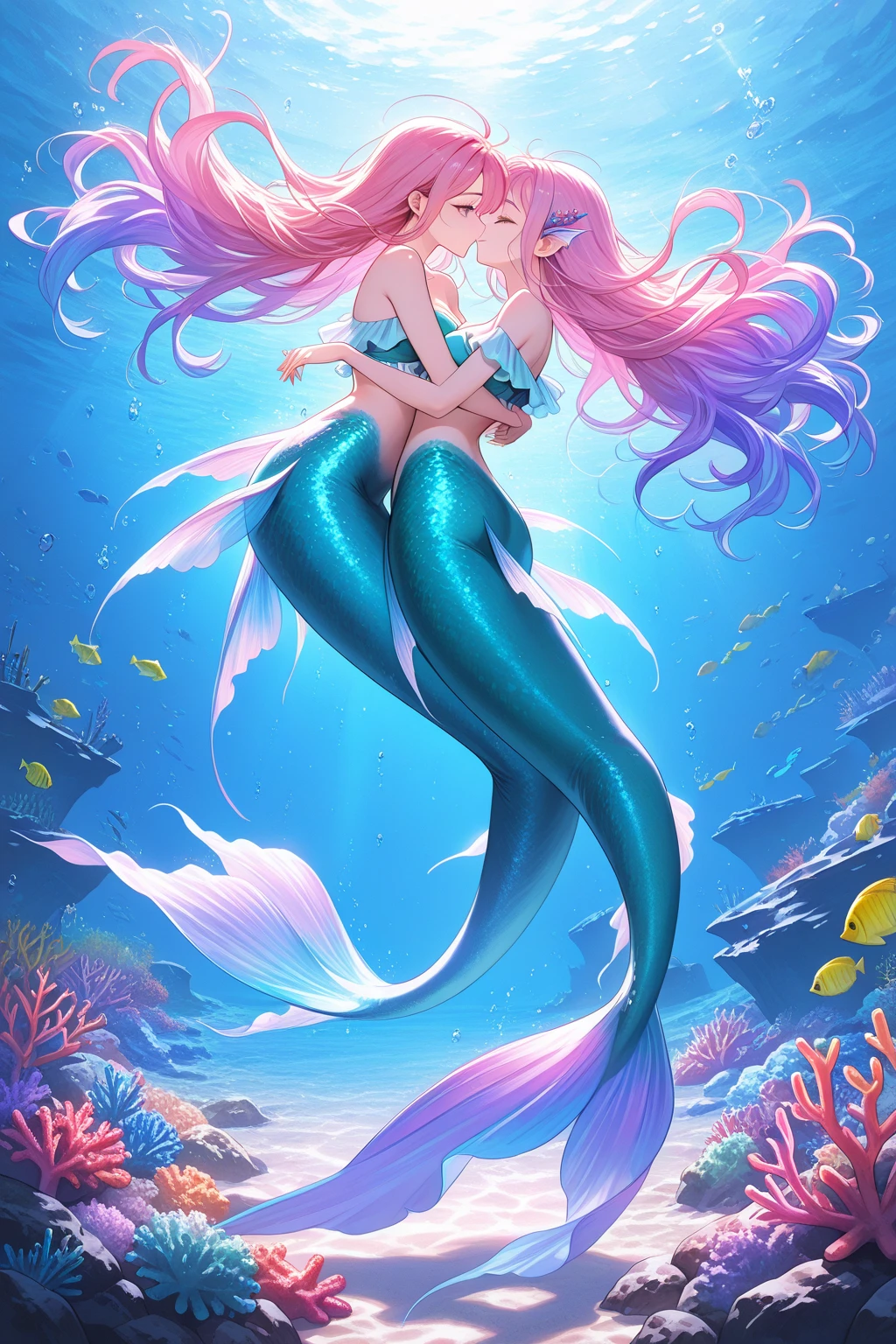 (best quality,4k,8k,highres,masterpiece:1.2),ultra-detailed, Pretty 15 years old princess magically transformed into a beautiful mermaid, race swap, fantastic transformation, steampunk, long and detailed mermaid tail below waistline, fins ears, shimmering red fish scales, drawn in anime style, very long pigtails red hair, sharp teeth, is smiling, pink eyes, small breast, long pelvic and dorsal fins, pair of fish gills on the torso, seashells bra, starfish hair clips, pearl earrings and bracelets, pearl necklace, hair ribbons, gold tiara, lying down on a sandy beach, new beautiful body,she’s smiling,embracing her new life has a mermaid, brushing her hair with an hairbrush, ocean waves,sparkling water,coconut trees,seagulls,vibrant colors,magical glow,shimmering scales,sea breeze,warm sunlight,joyful expression,island paradise,lush tropical plants,dynamic composition,soft and smooth lines,expressive facial features,gentle water reflections,serene atmosphere, Highly detailed, masterpiece, high quality, 4K.