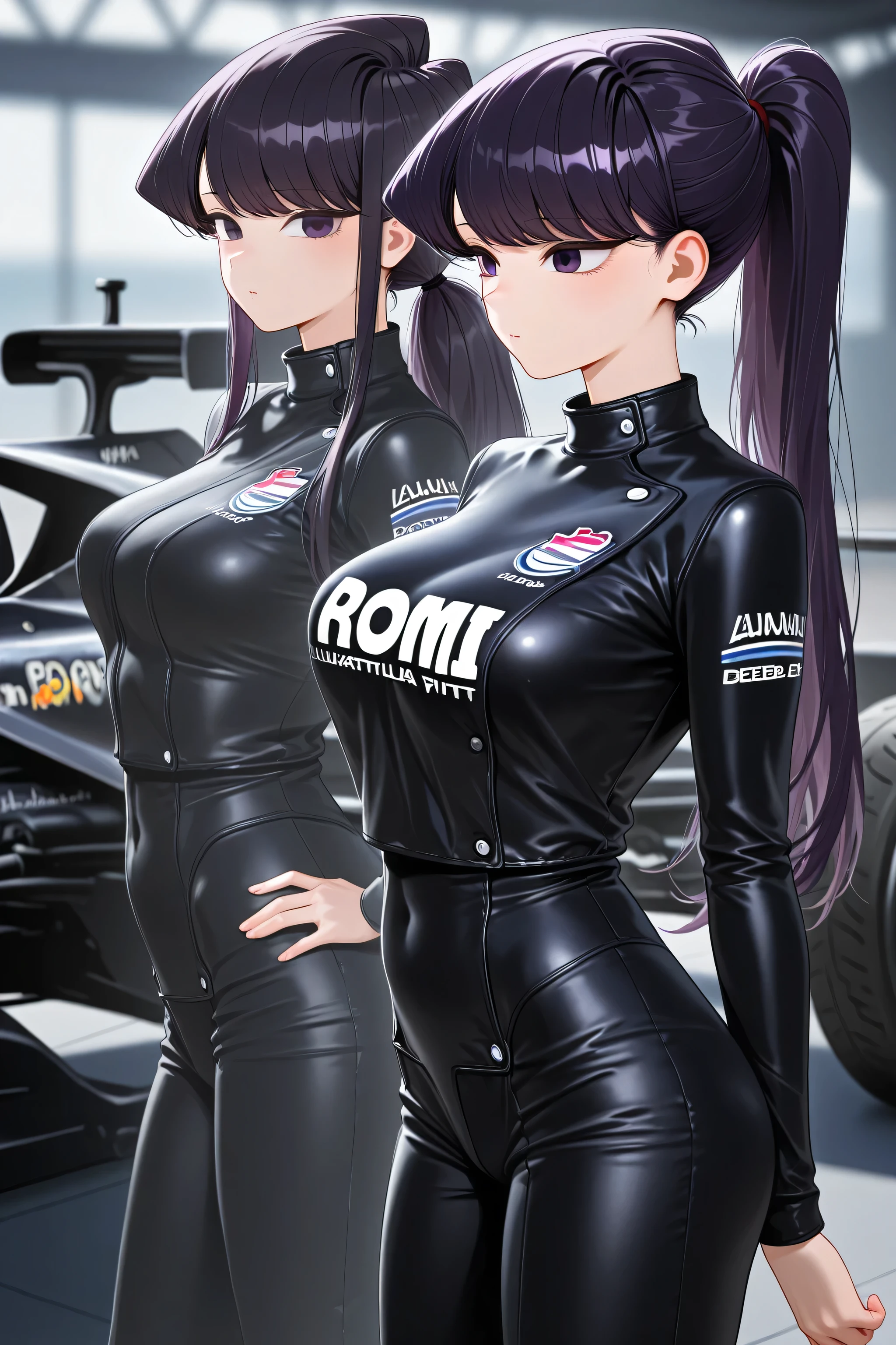 best quality}, {very aesthetic}, {ultra-detailed}, {best illustration},Komi Shouko, long hair, purple hair, purple eyes, ponytail,Formula-1 pit bebe Uniform,