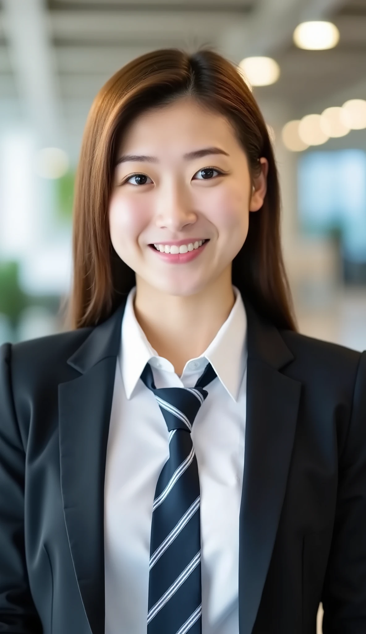 Neat Young Woman、looking at the camera、office lady suit、jacket、shirt、necktie、 髪型ボブヘア、、耳にピアス、smile showing teeth、顔のクローズアップ、The background is office