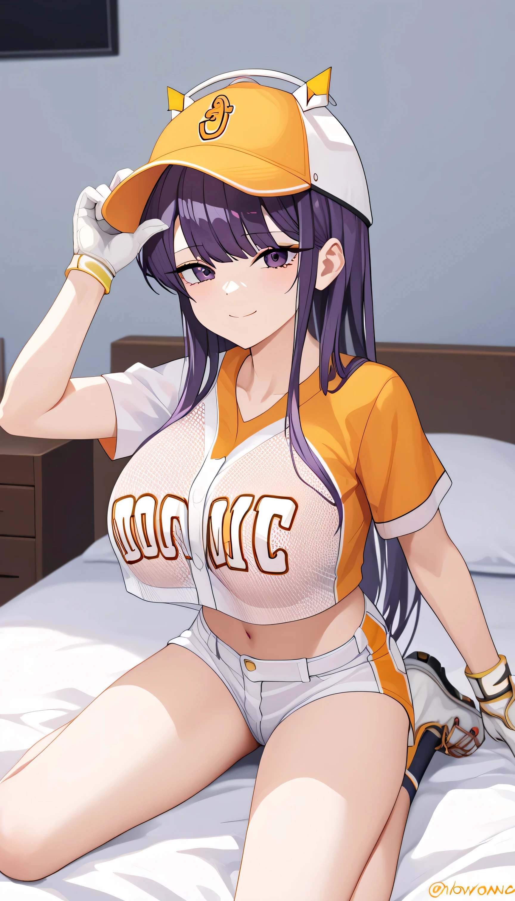 score_9, score_8_up, score_7_up, source_anime, rating_explicit,
BREAK
1girl, solo, Komi Shouko, 
 tovbse, long hair, purple eyes, purple hair, headgear, huge breasts, 
baseball cap, baseball uniform, crop top, crop top overhang, short sleeves, white gloves, 
see-through, underwear, spread legs, soles, feet, 
looking at viewer, smile, blush,
indoors, bed,
