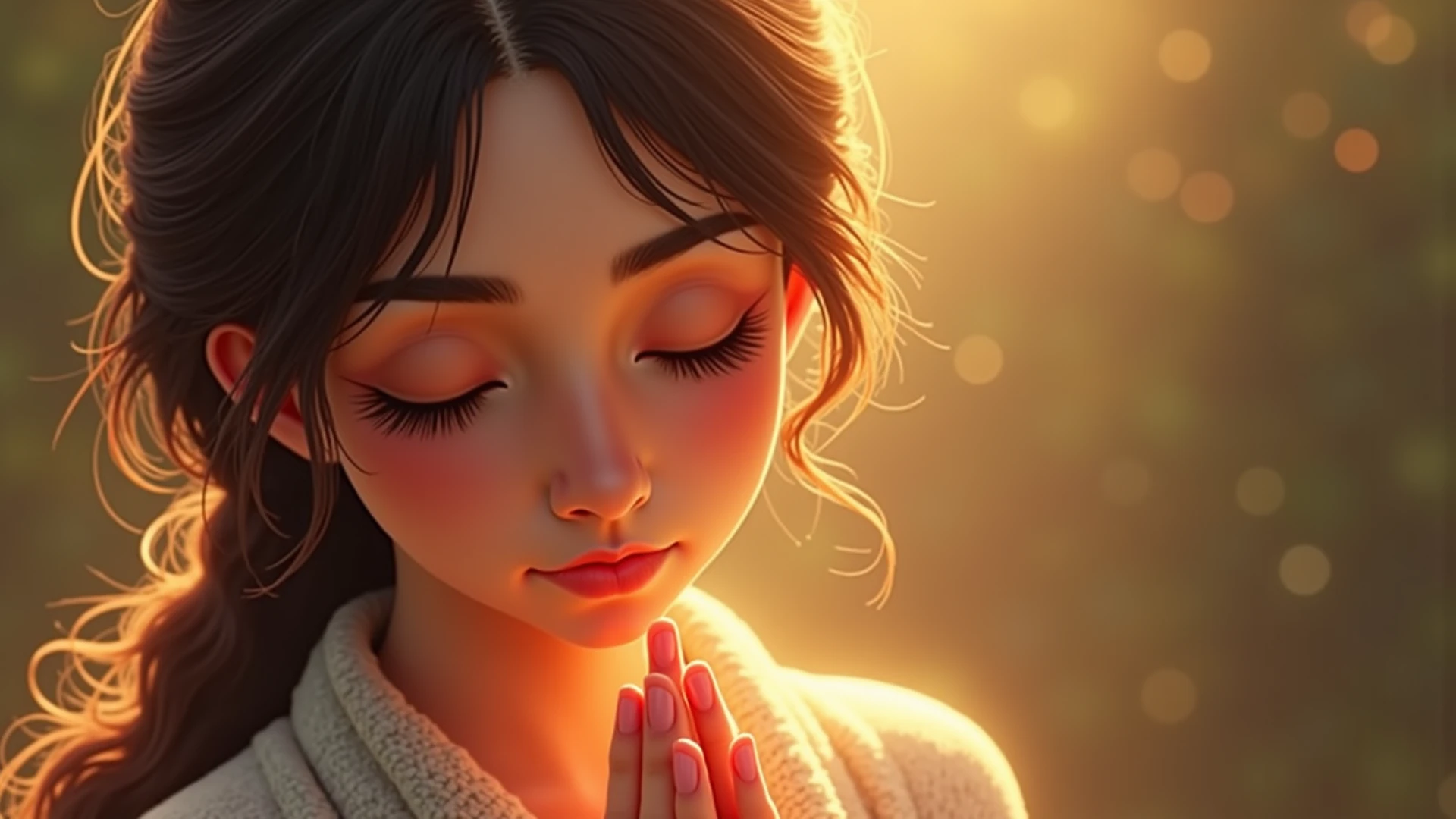 Desenhe uma imagem de uma pessoa em uma pose serena, with eyes closed and hands joined in a gesture of prayer. Convey a sense of tranquility and spirituality through the person's posture and  expression