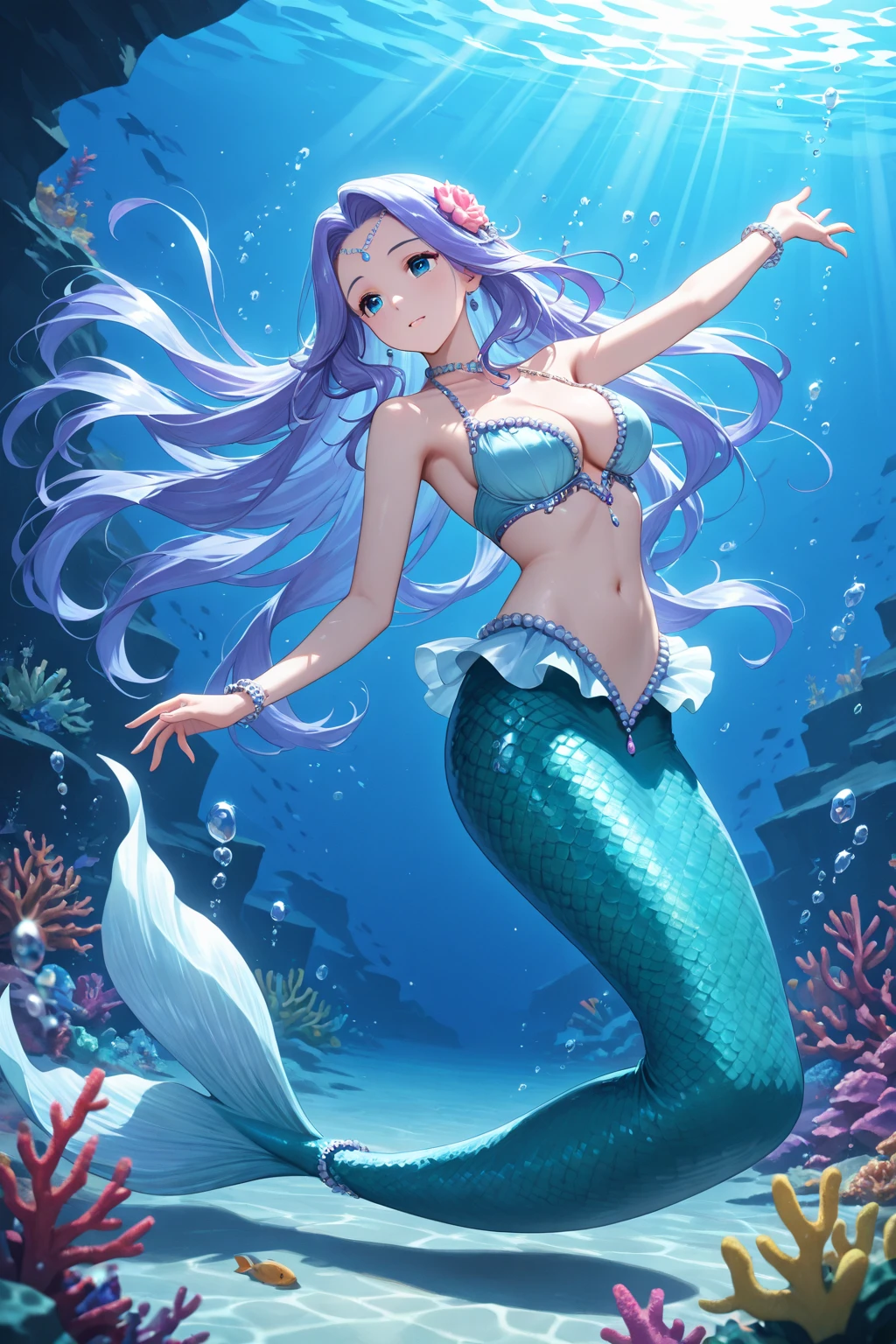 A beautiful mermaid with long, flowing hair and a tail of green scales, swimming in the ocean, <lora:enhancednoses_v0.11:1>, Detailed, Masterpiece, 8k, detailed, (Anime, fantasy:1.2)
