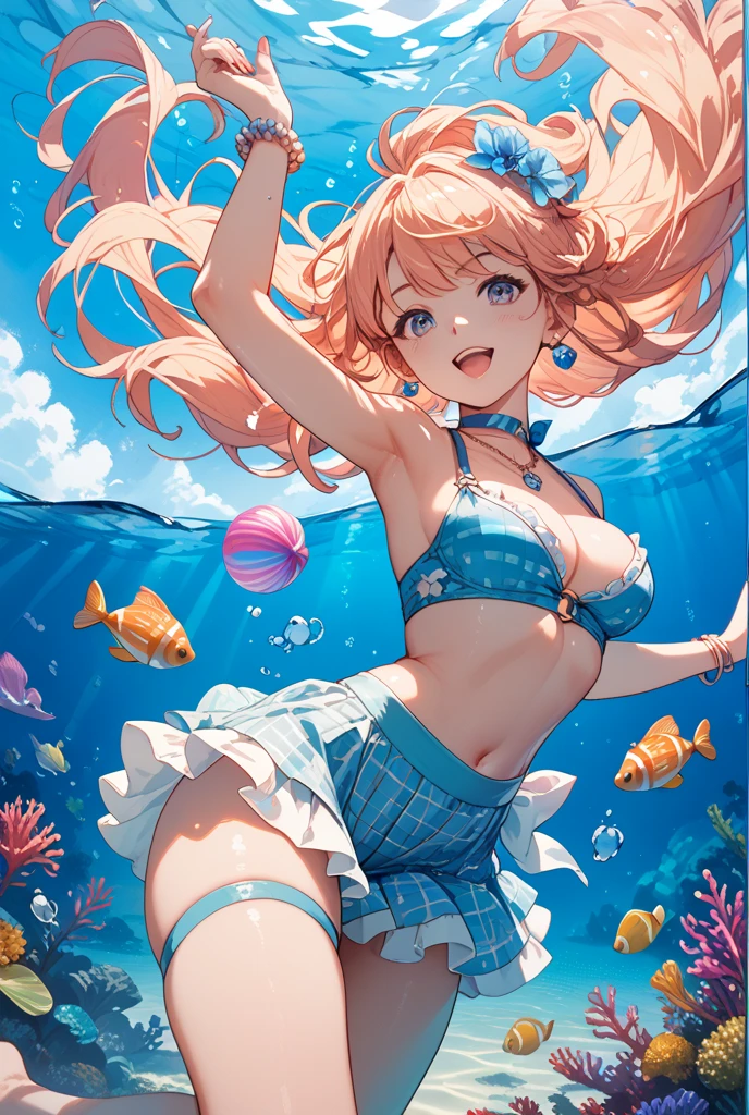 hitenkei style, claude monet, oil painting, mermaid, ((topless)), nsfw, masterpiece, underwater, coral reefs, schooling fish, 1 girl, erect nipples, intricately detailed, navel, bare shoulders, blonde hair, pearl necklace, fin hair ornaments, under sea, extremely detailed, bare breasts, puffy nipples, blue eyes, bare stomach, soaked, medium breasts, arm strap, swimming, teen, soft eyes, smiling, armpit, happy, half open eyes, lusty eyes, blushing, long hair, side bangs, sleepy eyes