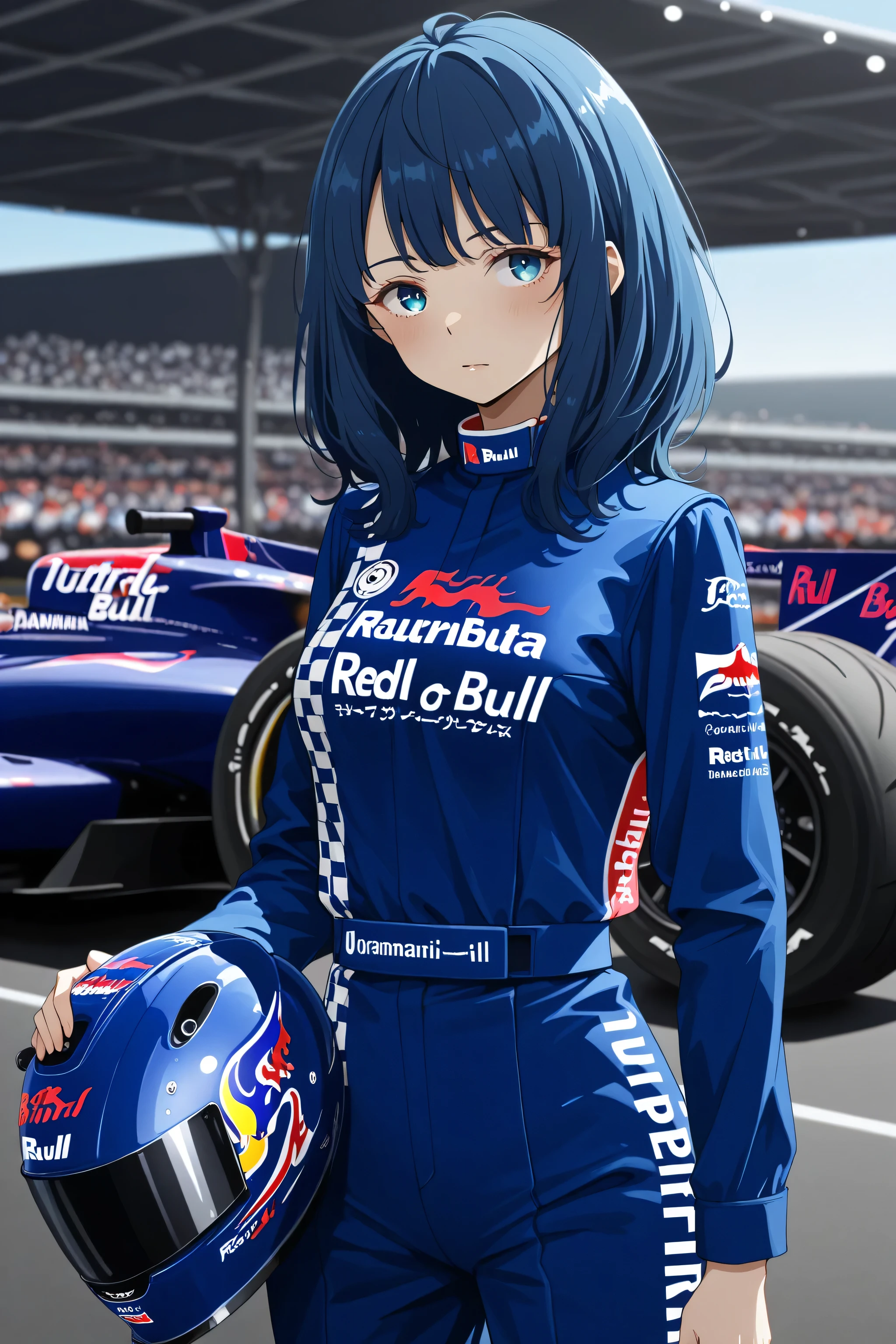 {best quality}, {very aesthetic}, {ultra-detailed}, {best illustration},yanamianna,medium hair,blue hair,blue eyes,Formula-1 Red Bull Racing Uniform, helmet