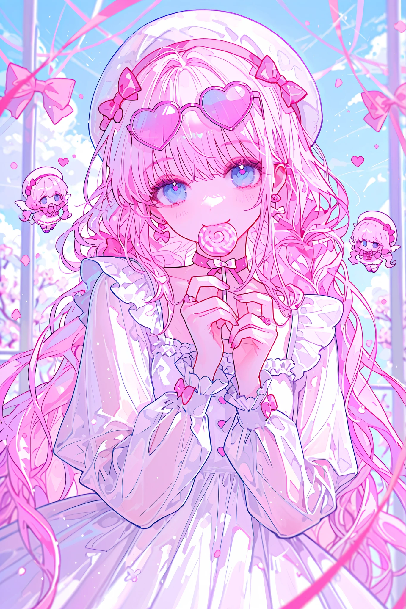 depth of field,extreme aesthetic, masterpiece, best quality,very high quality,absurd,32K UHD,best quality hands, very high quality hands,very detailed, masterpiece, 1 cute girl, Light pink hair, low twin tails, Blue eyes, cute and stylish clothes, smiling face, very long hair, mature, pretty illustration, ivory beret, white hair ribbones, heart sunglasses, eating a pink candy, cute and lovely, smile, celebrity pictorial concept, mini white dress, mature