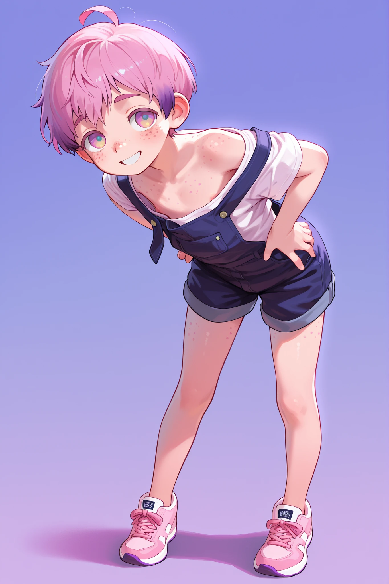 masterpiece, best quality, amazing quality, male, males only, male focus, solo, 1boy, (Daichi Ryouta, 12-year-old boy, pinkish lilac gradient eyes, pink hair with purple highlights, very short hair, ahoge, fair skin, freckles, many freckles on the body, thin body, small body, pink shoulders and knees, a white t-shirt, short navy blue farm overalls, thighs showing, sneakers)), smiling, full body, standing with hands on hips, blue background