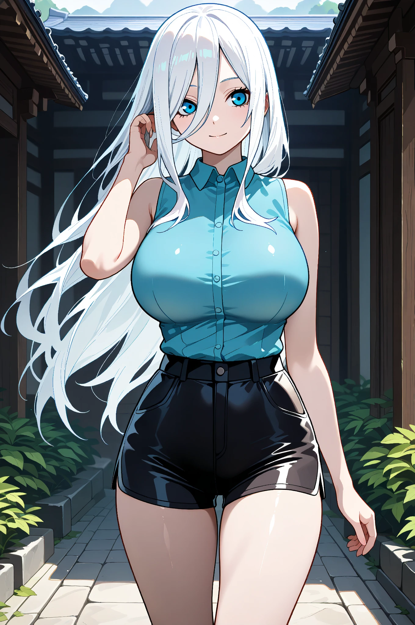 Masterpiece, very detailed, ultra detailed, one, (1 woman), she is in a black office shirt and white jeans, in a stable and fighting position, long hair, straight hair and straight bangs, bright white hair, with white demonic horns, athletic body, six packs of press, large breasts, beautiful, charming, light blue eyes, elegant, wise smile, charming, charming, against the background of nature and forest.