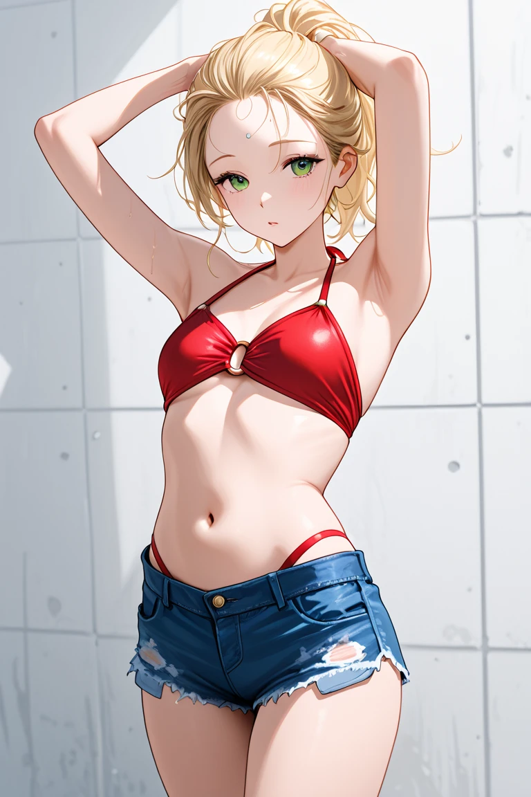 1girl, masterpiece, best quality, medium full shot, blonde medium hair, (red bikini, jean shorts, busty, sexy body, erotic pose), smiling