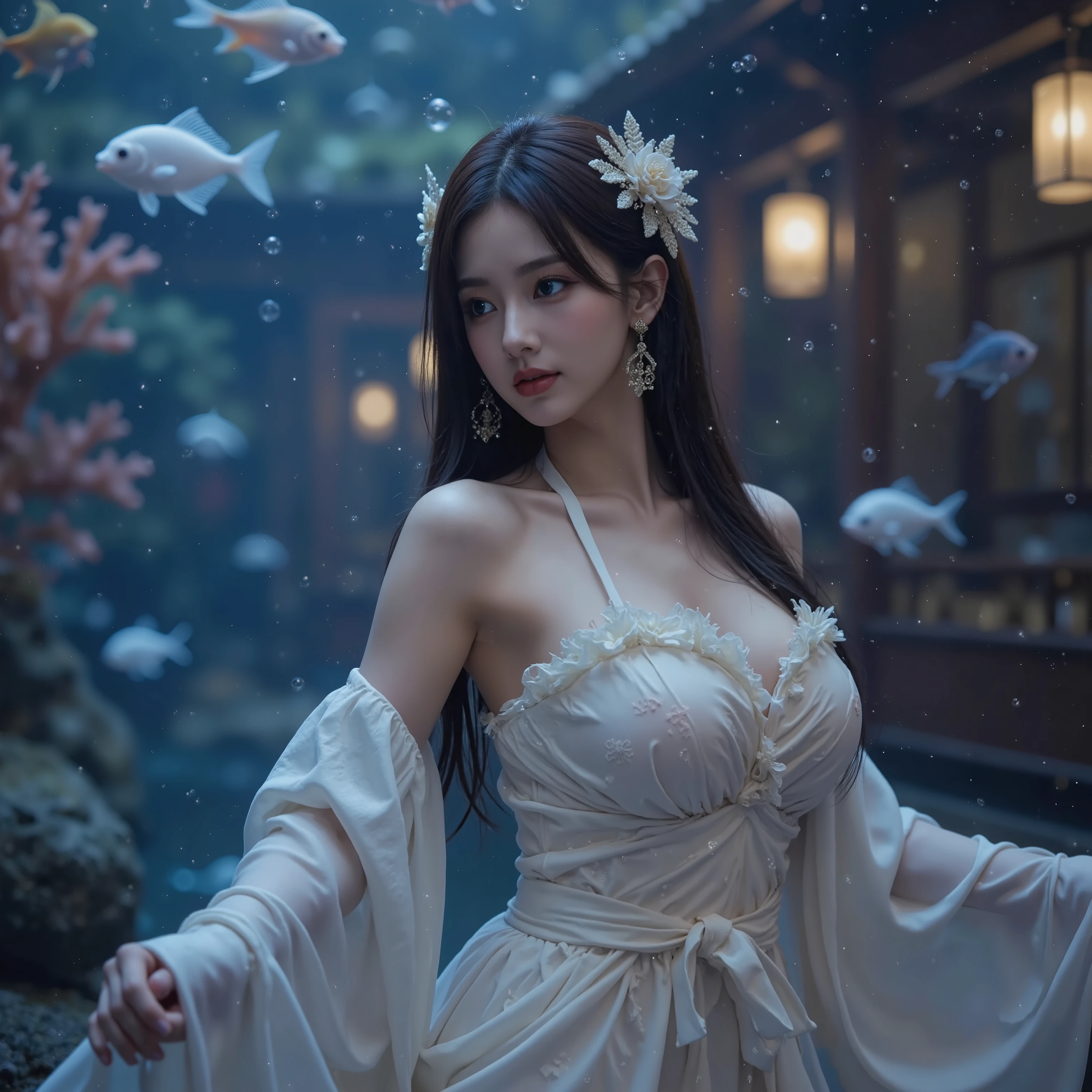 A stunning Japanese woman resembling Keiko Kitagawa, breathtakingly beautiful face, long silky black hair with ornate traditional hair accessories, dressed as the legendary Otohime of Ryugu-jo (Dragon Palace), wearing a luxurious flowing kimono-like costume with pearly and oceanic motifs, sensual and elegant, extremely voluptuous with impossibly large, heavy, soft sagging breasts, performing a graceful and seductive dance during a grand underwater banquet, surrounded by glowing fish, shimmering schools of colorful fish, and luminous jellyfish casting magical light, coral pillars and golden lanterns illuminating the palace, bubbles drifting through the water, sleeves and fabrics flowing with her movements, ultra detailed, fantasy masterpiece, 8k