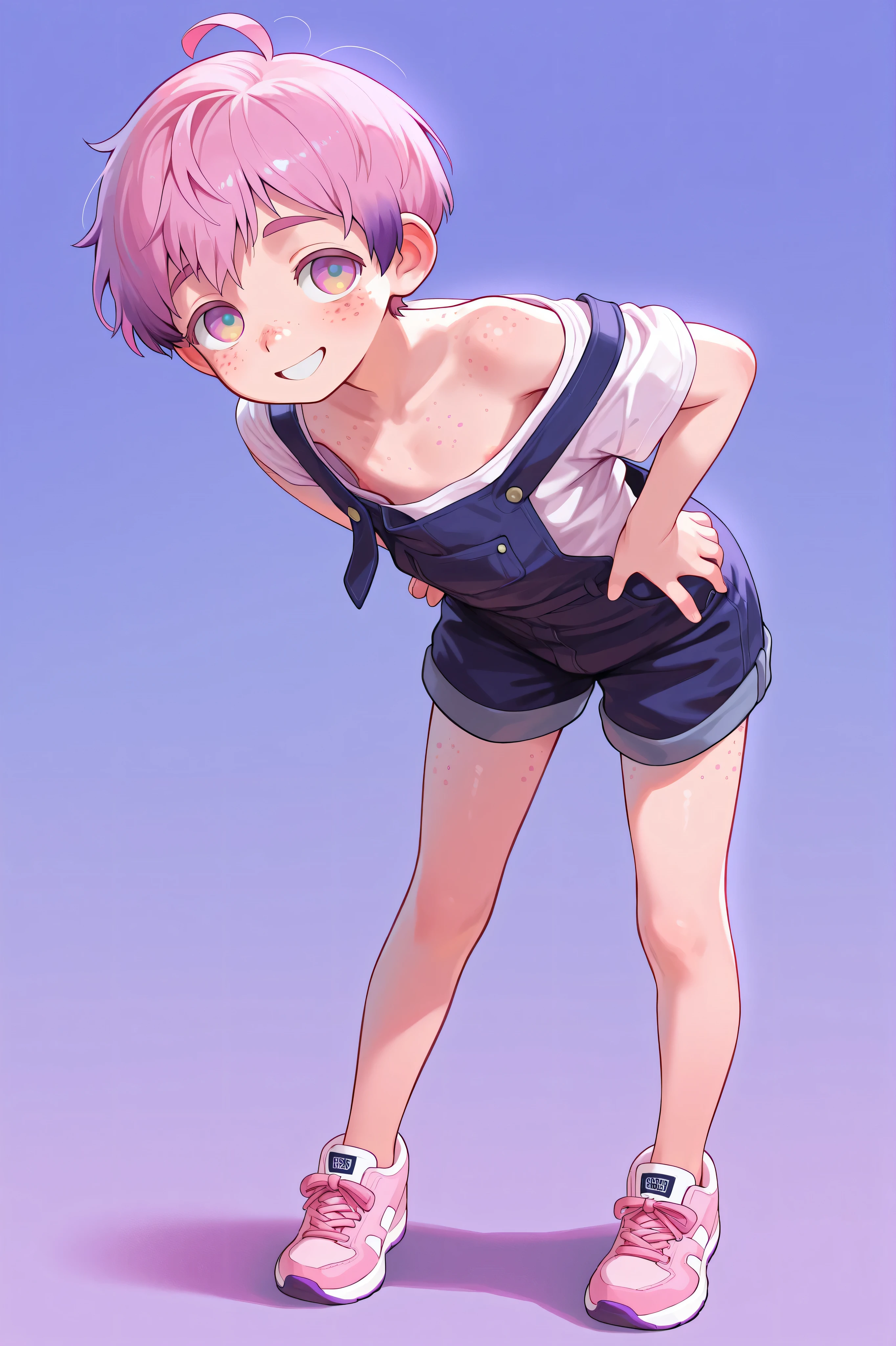 masterpiece, best quality, amazing quality, male, males only, male focus, solo, 1boy, (Daichi Ryouta, 12-year-old boy, pinkish lilac gradient eyes, pink hair with purple highlights, very short hair, ahoge, fair skin, freckles, many freckles on the body, thin body, small body, pink shoulders and knees, a white t-shirt, short navy blue farm overalls, thighs showing, sneakers)), smiling, full body, standing with hands on hips, blue background