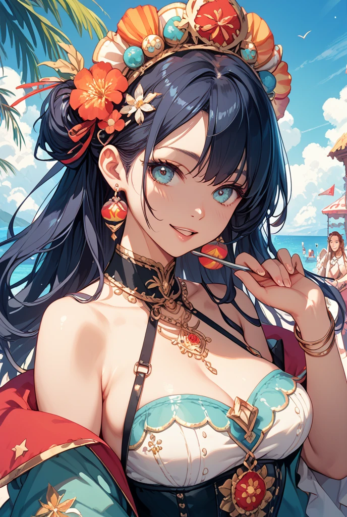 Sweet rain\(Genshin Impact\), 1 Genshin Ganyu image girl blushing, Breasts, Chinese knot, the sleeve, flower knot, , cow horn, long whitr hair, looking at viewert, middlebreast, Neckbells, the night,purpleeyes,, Solo, nipple tassels, ((Masterpiece)) Swimwear, Sexy swimwear, Seaside, beach, Ocean Hands Up Beach Resort Swimwear Straight chest