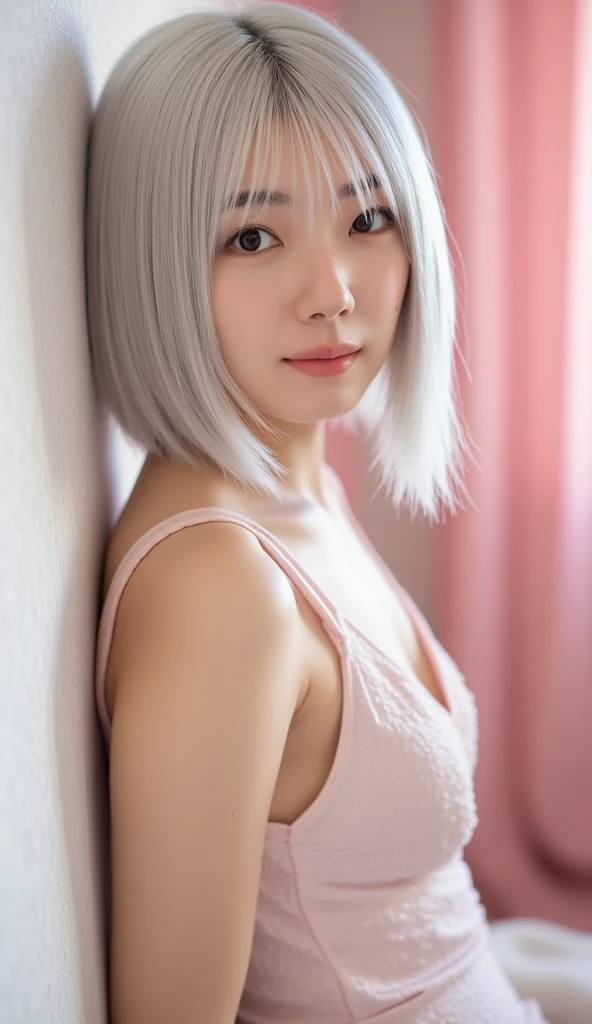 (1 ultra young Cute japanese girl,short silver hair:1.5),porcelain white skin,slender figure,lacy camisole,sitting in Italian cafe,drinking black tea,beautiful detailed eyes,long eyelashes,charming dropped eyes,lovely smiling lips,extremely detailed face without makeup,(best quality,4k,8k,highres,masterpiece:1.2),ultra-detailed,(realistic,photorealistic,photo-realistic:1.37),HDR,UHD,studio lighting,ultra-fine painting,sharp focus,physically-based rendering,extreme detail description,professional,vivid colors,bokeh,portraits,soft pastel colors,natural lighting,cinematic composition
