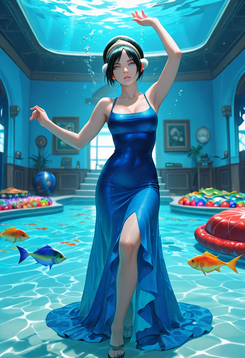 "Imagine a concept art, full body, Marvel comic book art style, female character, water elemental, translucent skin, hair like seaweed, flowing blue robes, serene expression, holding a water orb, underwater background with corals and sea creatures, soft blue lighting."