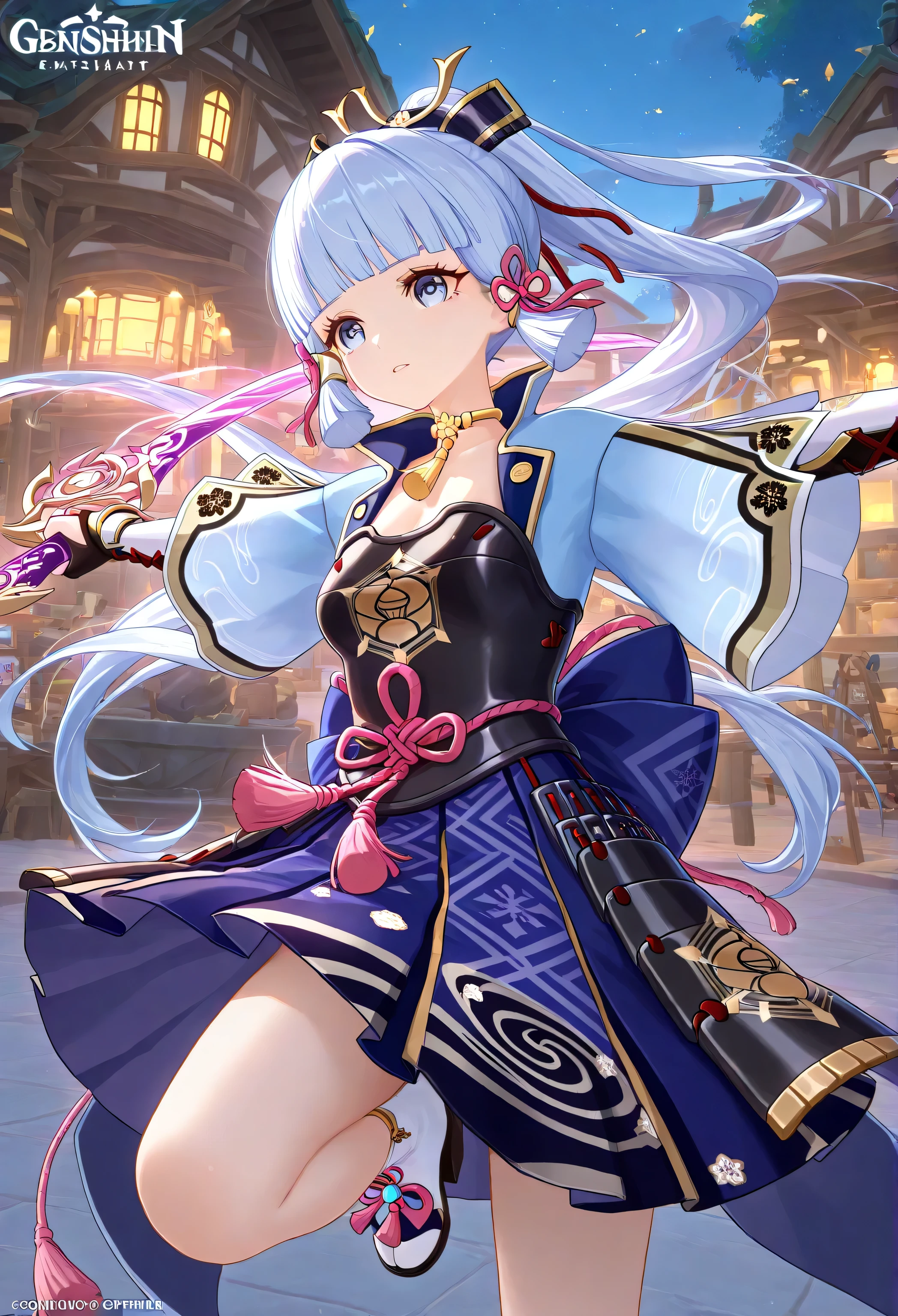 are surrounded by several enemies, Multiple roles, 1 girl, From_Kamisato Ayaka\( Genshin\),skirt,skirt,Lace, Dynamic fighting, outdoor, highly detailed, High Contrast, ray tracing, best lighting , Cinematic Composition, Pretty faces ,Beautiful Binocular, best quality, Very beautiful, Ultra High Resolution, detailed background, comics, Pastel Details , expressive eyes, See, Cafe with a soft atmosphere , style, solo, long lower and upper lashes, well-crafted hair and eyes, sword, holding a weapon,Advanced CG illustration