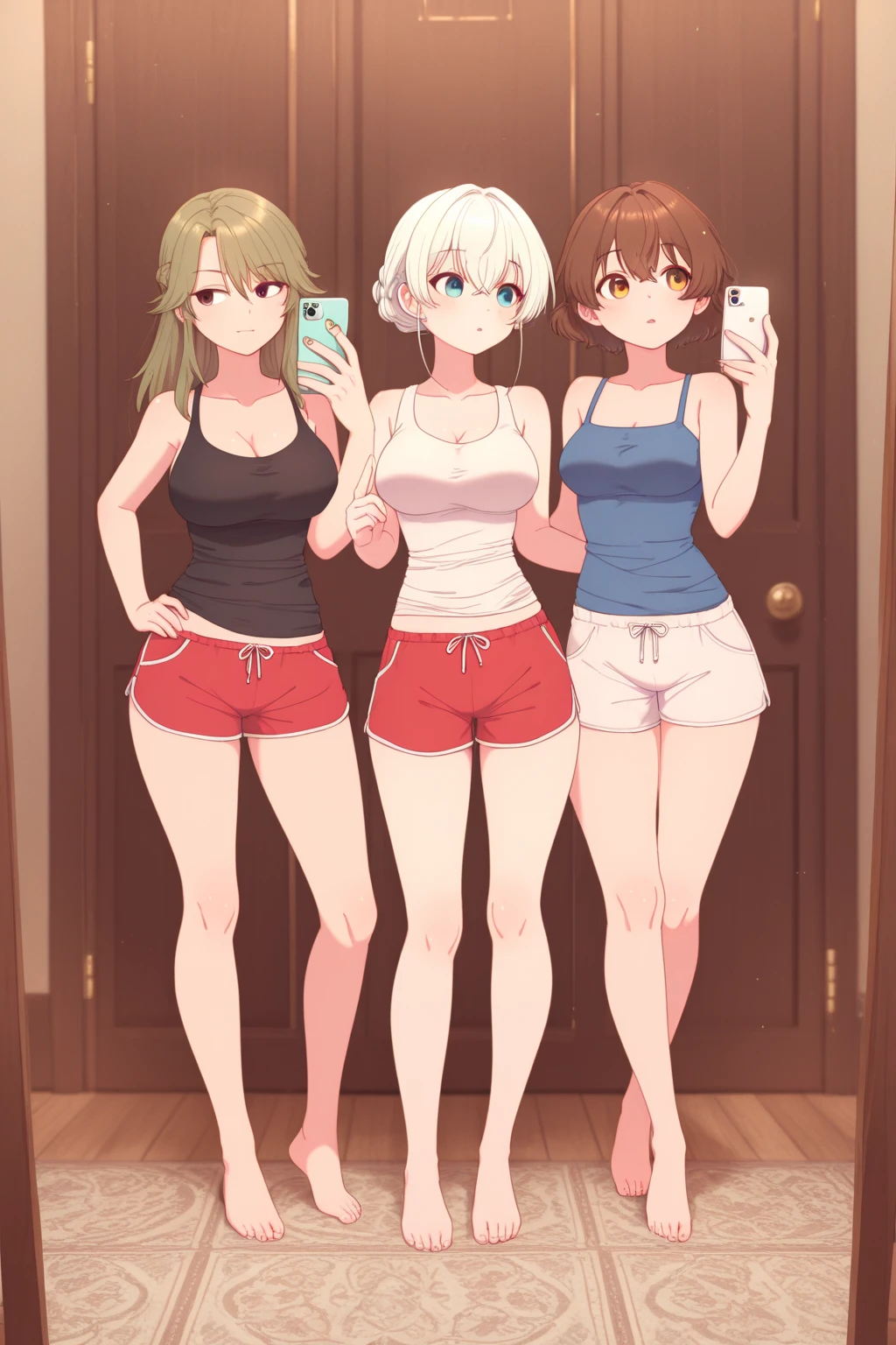 (Superflat, Flat Shading, Flat Color:1.1), (Bedroom), Three Girls, young teen, high school girl, slim, Small breasts, Blonde, White T-shirt, (White panties), White over-the-knee socks, smile, blush, Are standing, Selfie, (end, From behind), View from below, (Low - Angle), Bright sunlight, Best Shadow, watercolor,Butt、nsfw、naked