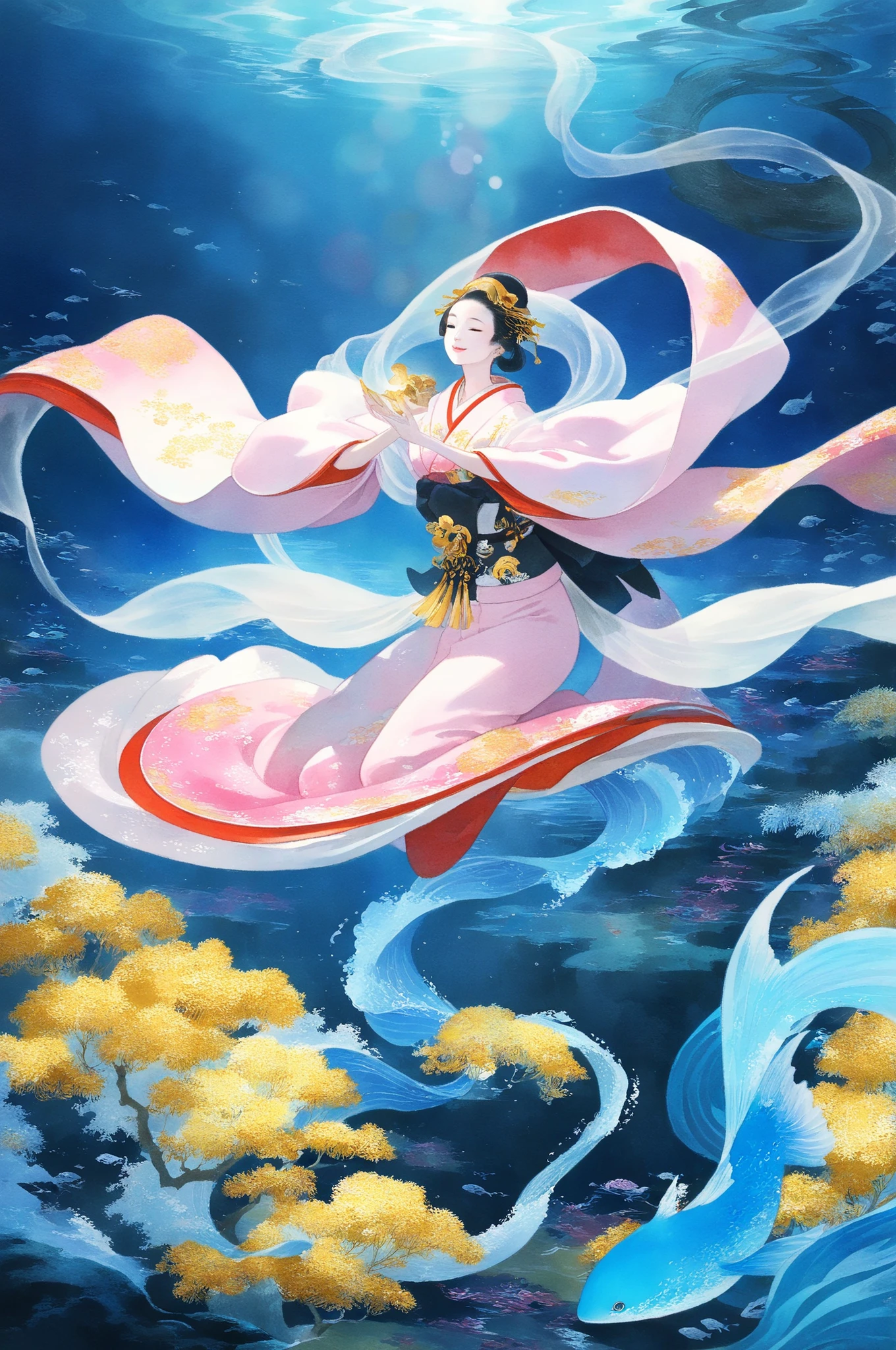 J_paint, Japanese painting, Japanese stories,A Banquet at the Bottom of the Sea,Otohime ,A woman wearing a pink kimono, Smile, The Magic of Hagoromo, Traditional Japanese Gardens,Undersea Moonlight,fantasticな水中の世界,Otohime の優雅なポーズ,The Graceful Flow of Hagoromo,Delicate embroidery of kimono,delicate texture,deep blue and gold tones,High Quality,Masterpiece,ultra detailed,aquarium,fantasy,fantastic,In the sea,natural background,soft lighting,Traditional Japanese Paintings,watercolor,4K resolution,super definition,Realistic,Faded colors,bokeh,