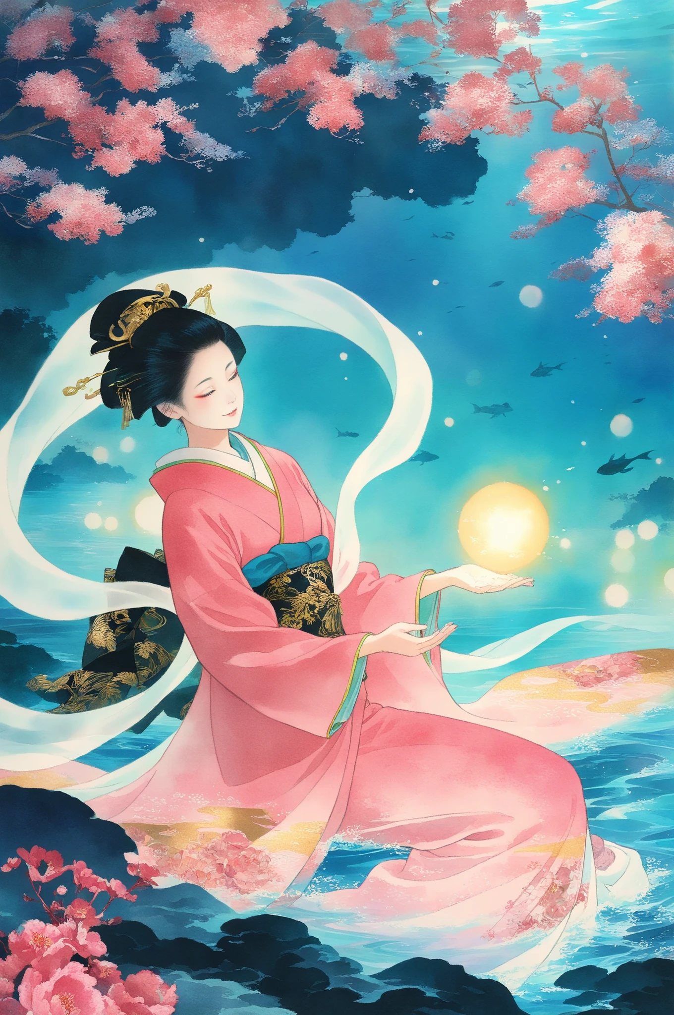 J_paint, Japanese painting, Japanese stories,A Banquet at the Bottom of the Sea,Otohime ,A woman wearing a pink kimono, Smile, The Magic of Hagoromo, Traditional Japanese Gardens,Undersea Moonlight,fantasticな水中の世界,Otohime の優雅なポーズ,The Graceful Flow of Hagoromo,Delicate embroidery of kimono,delicate texture,deep blue and gold tones,High Quality,Masterpiece,ultra detailed,aquarium,fantasy,fantastic,In the sea,natural background,soft lighting,Traditional Japanese Paintings,watercolor,4K resolution,super definition,Realistic,Faded colors,bokeh,