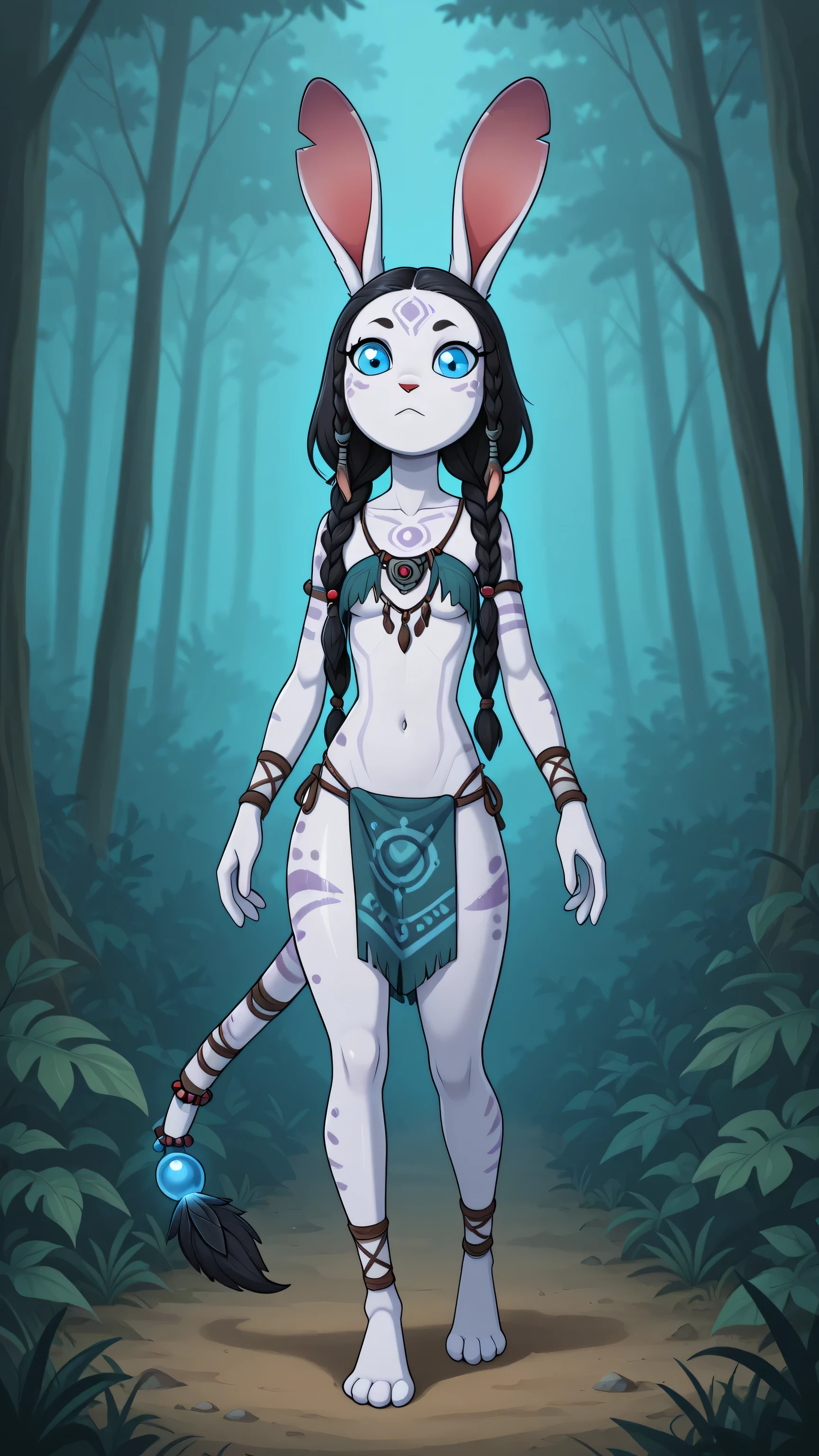 A stunning alien rabbit girl princess. She has luminous pure white skin with a soft bioluminescent glow along her cheekbones and collarbones, bunny ears, spots patterns on body and large opalescent blue eyes with vertical pupils. She has a small head, hair multiple braids, curvy body, thick thighs, slim slender upper body & short height with elongated long neck and a tail, triple small breasts. she wears an tribal short outfit made of feathers and beads. 8K ultra HD, high quality, 2D cartoon style, incognitymous art style, full body, three breasts, tribreasts, threeboob, bold black outlines, front view. Background: beautiful alien forest with bioluminescent leaves, plants and trees.