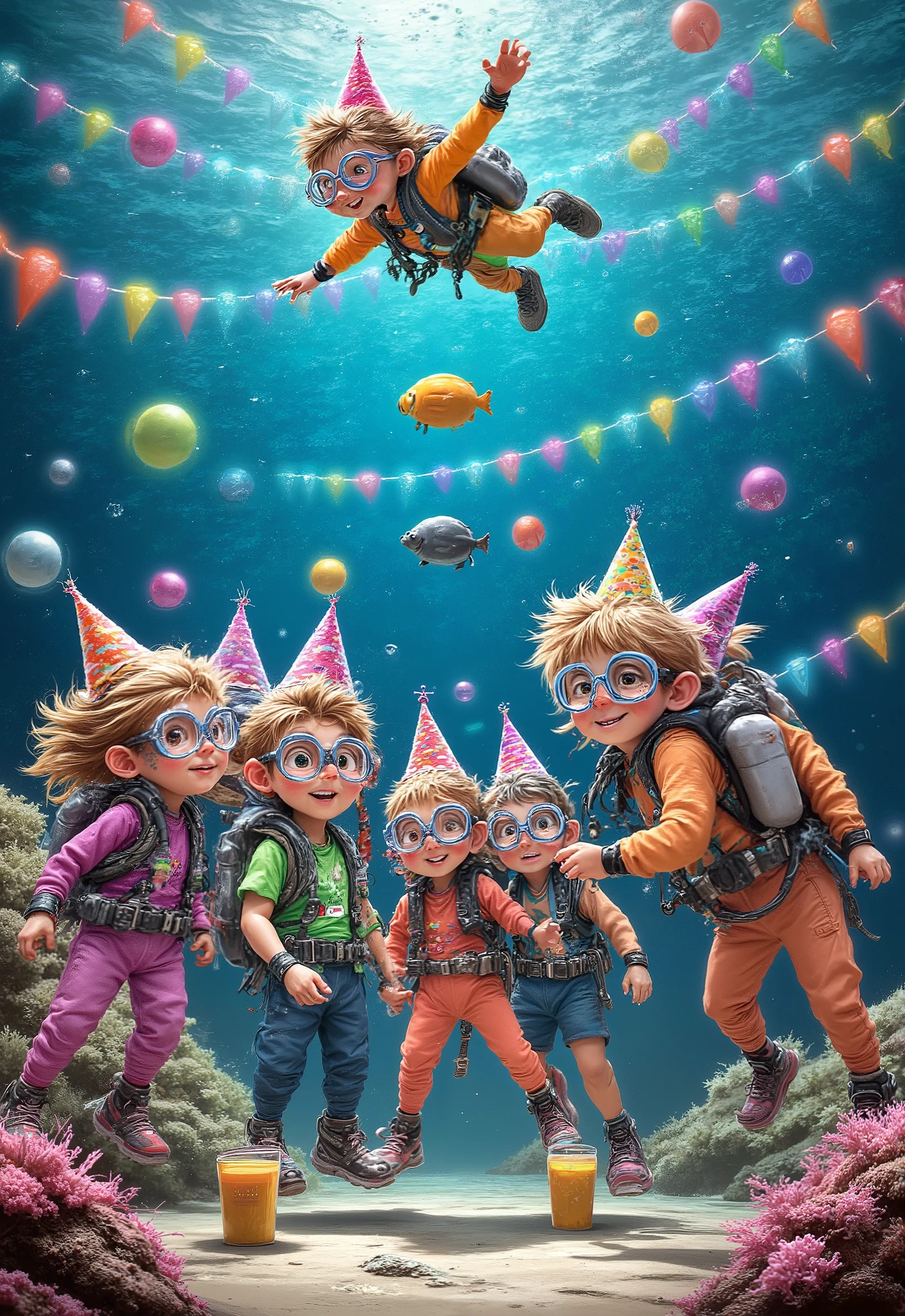 masterpiece, best quality, very aesthetic, absurdres, underwater, (party:1.2), 6+boys, 6+girls, diving suit, diving mask, diving regulator, scuba gear, scuba tank, seafloor, air bubble, tropical fish, coral, sea turtle, party hat, party popper, alcohol, balloon, string of flags,