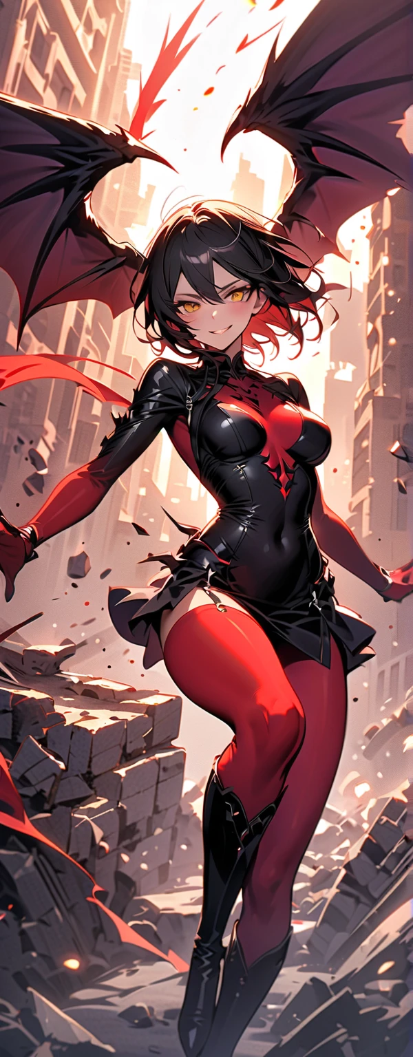 1goat girl, muscle body, goat ears, yellow horns, short brown hair, perfect eyes, scars on the body, blue eyes, serious face, glasses, warrior clothing, red and black top, bandage in the arms, red fingerless gloves, red and black pants, black shoes, red spear with black details in the hand, big breasts, big ass, forest background