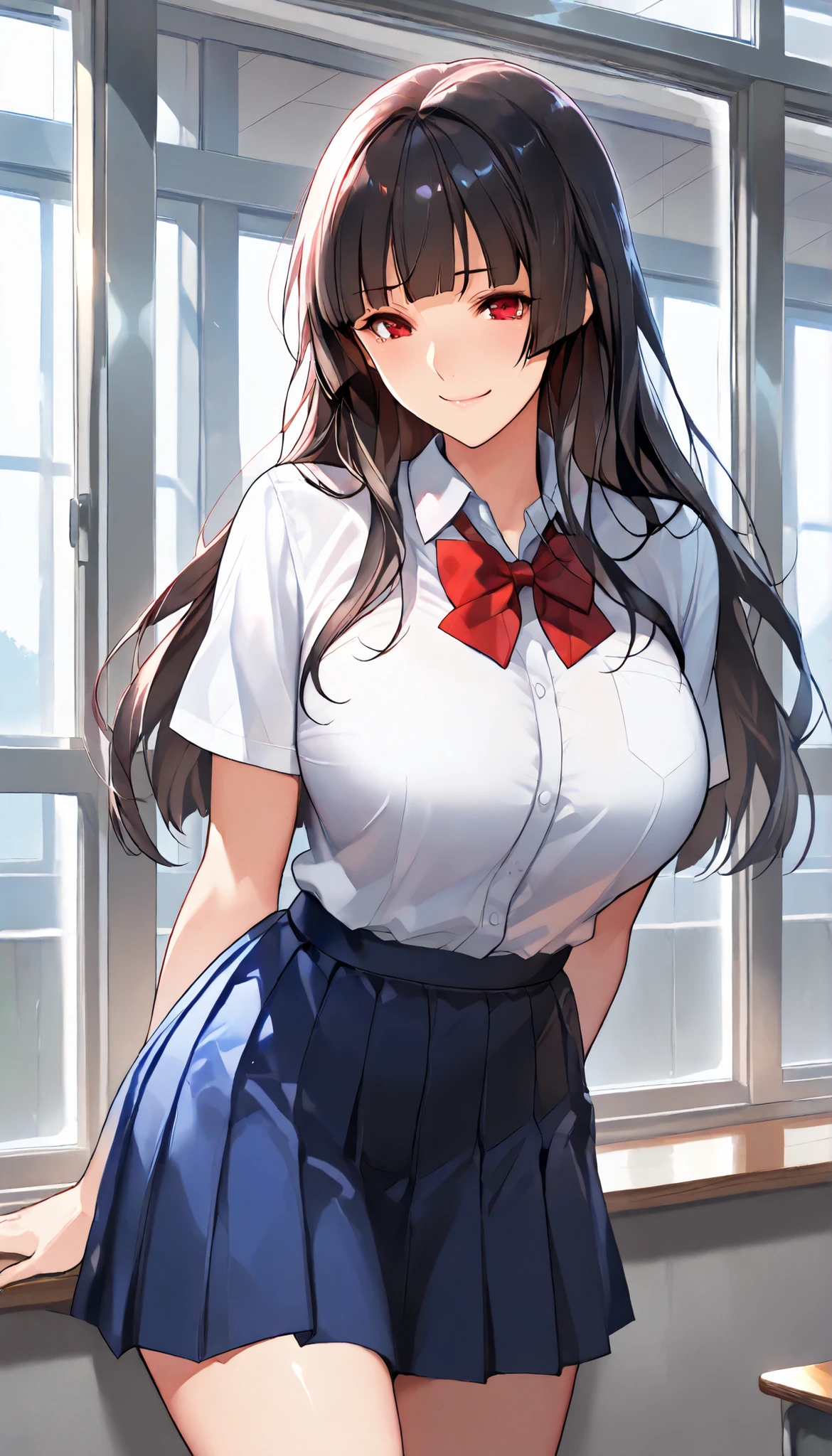 SOLO,Modern Backgrounds,A female with slim body(older girl),(Red eyes),Meduim oppai,(Wearing A blue JK skirt),(White school uniform)(Short sleeeves),Red bowtie,In Classroom(Beside the Window),Standing position,(Black long hair,Hime cut),Light smile,slightly tilted forward,Arm behind back,Sunshine,UHD, SOLO, anatomically correct, masterpiece, textured skin, high details, highres, 1080P, 16k, accurate, Beautiful face, Beautiful Nose, Perfect face, Highly detailed beautiful face and eyes, Attractive face, Detailed face, Delicate facial features, Detailed skin,Cowboy shot