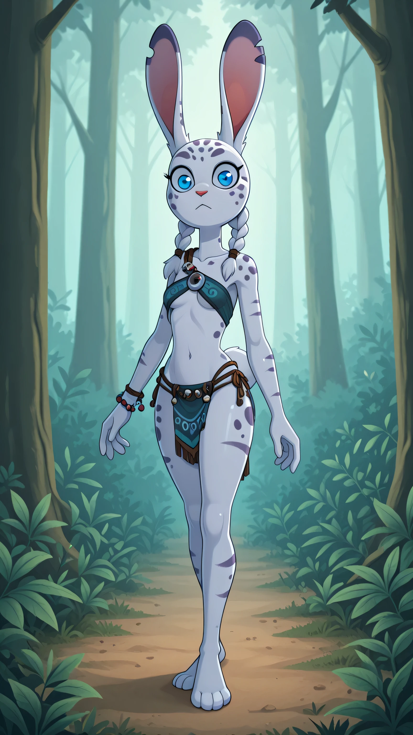 A stunning alien rabbit girl. She has luminous pure white skin with a soft bioluminescent glow along her cheekbones and collarbones, bunny ears, spots patterns on body and large opalescent blue eyes with vertical pupils. She has a small head, braids, thick thighs, slim slender upper body & short height with elongated long neck and a tail, triple small breasts. she wears an tribal short outfit made of feathers and beads. 8K ultra HD, high quality, 2D cartoon style, incognitymous art style, full body, three breasts, tribreasts, threeboob, bold black outlines, front view. Background: beautiful alien forest with bioluminescent leaves, plants and trees.