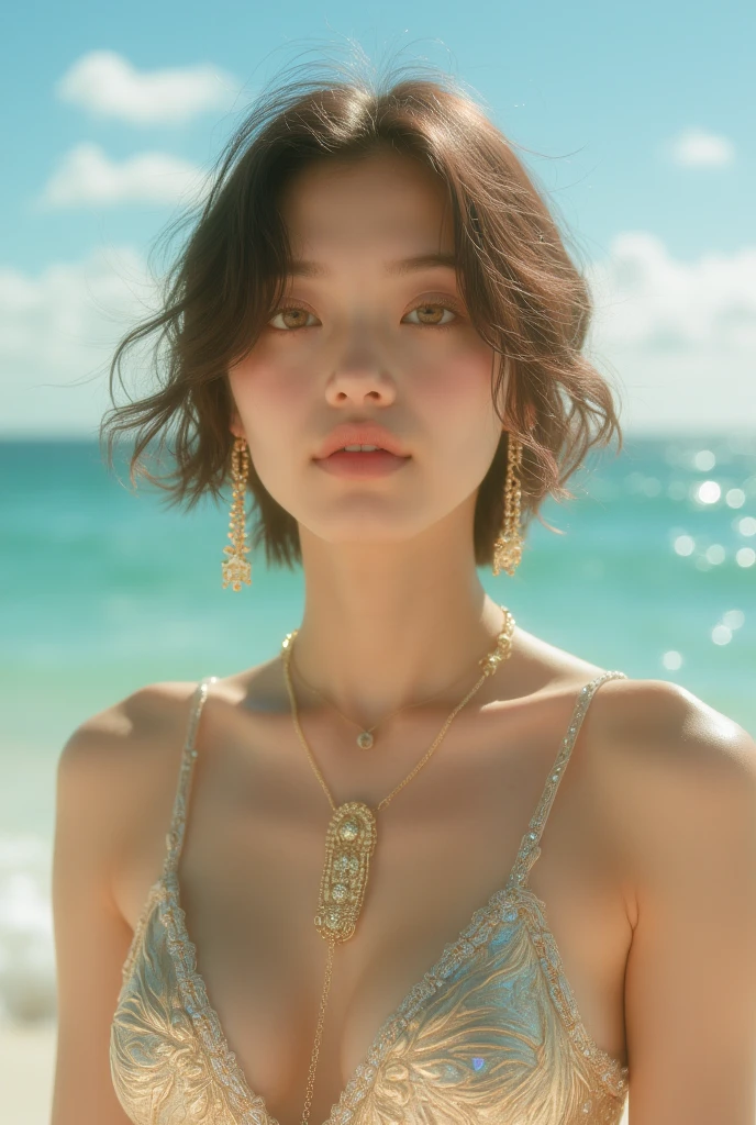 (masutepiece:1.3), High resolution, ultra-detailliert, the Extremely Detailed CG Unity 8K Wallpapers, Realistic, Photorealsitic, Raw photo, beautifull detailed face, pale skin, realistic glistening skin, Detailed Cloth Texture, detailed hair texture, Perfect Style, Beautiful face, acurate, Anatomically correct, Highly detailed face and skin texture, Detailed eyes, Brown eyes, Double eyelids, Thin eyebrows, (Dropped eyes:0.65), (eye line:1.2), Natural cheeks, Wet skin, (Fair skin:1.2), shiny necklace and earrings, (Glossy lips: 1.5),
BREAK
(Wearing a trendy and classy dress:1.2), (strap sandals,:1.1), 18year old, a Innocent and cute girl, Focus on Face, (Layered hairstyle), ( hair:1.2), Medium Long Hair, (Large breasts), (embarrassed:1.2), (blush), ((Gravure Pose :1.2)),
break
On a luxurious seaside terrace, Looking at Viewer, (Beautiful crystal clear sea in the background), (Perfect cloudless weather), (Cowboy Shot:1.2), (From Side),